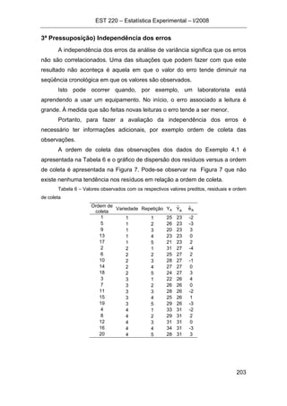 EST 220 – Estatística Experimental – I/2008
203
3ª Pressuposição) Independência dos erros
A independência dos erros da análise de variância significa que os erros
não são correlacionados. Uma das situações que podem fazer com que este
resultado não aconteça é aquela em que o valor do erro tende diminuir na
seqüência cronológica em que os valores são observados.
Isto pode ocorrer quando, por exemplo, um laboratorista está
aprendendo a usar um equipamento. No início, o erro associado a leitura é
grande. À medida que são feitas novas leituras o erro tende a ser menor.
Portanto, para fazer a avaliação da independência dos erros é
necessário ter informações adicionais, por exemplo ordem de coleta das
observações.
A ordem de coleta das observações dos dados do Exemplo 4.1 é
apresentada na Tabela 6 e o gráfico de dispersão dos resíduos versus a ordem
de coleta é apresentada na Figura 7. Pode-se observar na Figura 7 que não
existe nenhuma tendência nos resíduos em relação a ordem de coleta.
Tabela 6 – Valores observados com os respectivos valores preditos, residuais e ordem
de coleta
Ordem de
coleta
Variedade Repetição Yik ikYˆ ikeˆ
1 1 1 25 23 -2
5 1 2 26 23 -3
9 1 3 20 23 3
13 1 4 23 23 0
17 1 5 21 23 2
2 2 1 31 27 -4
6 2 2 25 27 2
10 2 3 28 27 -1
14 2 4 27 27 0
18 2 5 24 27 3
3 3 1 22 26 4
7 3 2 26 26 0
11 3 3 28 26 -2
15 3 4 25 26 1
19 3 5 29 26 -3
4 4 1 33 31 -2
8 4 2 29 31 2
12 4 3 31 31 0
16 4 4 34 31 -3
20 4 5 28 31 3
 