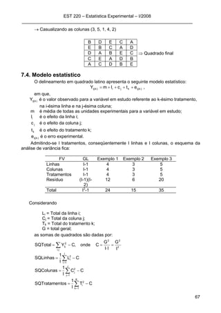 EST 220 – Estatística Experimental – I/2008
_____________________________________________________________________
67
→ Casualizando as colunas (3, 5, 1, 4, 2)
B D E C A
E B C A D
D A B E C ⇒ Quadrado final
C E A D B
A C D B E
7.4. Modelo estatístico
O delineamento em quadrado latino apresenta o seguinte modelo estatístico:
)k(ijkji)k(ij etclmY ++++= ,
em que,
)k(ijY é o valor observado para a variável em estudo referente ao k-ésimo tratamento,
na i-ésima linha e na j-ésima coluna;
m é média de todas as unidades experimentais para a variável em estudo;
il é o efeito da linha i;
jc é o efeito da coluna j;
kt é o efeito do tratamento k;
)k(ije é o erro experimental.
Admitindo-se I tratamentos, conseqüentemente I linhas e I colunas, o esquema da
análise de variância fica:
FV GL Exemplo 1 Exemplo 2 Exemplo 3
Linhas I-1 4 3 5
Colunas I-1 4 3 5
Tratamentos I-1 4 3 5
Resíduo (I-1)(I-
2)
12 6 20
Total I2
-1 24 15 35
Considerando
Li = Total da linha i;
Cj = Total da coluna j;
Tk = Total do tratamento k;
G = total geral;
as somas de quadrados são dadas por:
2
22
j,i
2
ij
I
G
II
G
Conde,CYSQTotal =
⋅
=−= ∑
CL
I
1
SQLinhas
I
1i
2
i −= ∑=
CC
I
1
SQColunas
J
1j
2
j −= ∑=
CT
I
1
tosSQTratamen
K
1k
2
i −= ∑=
 