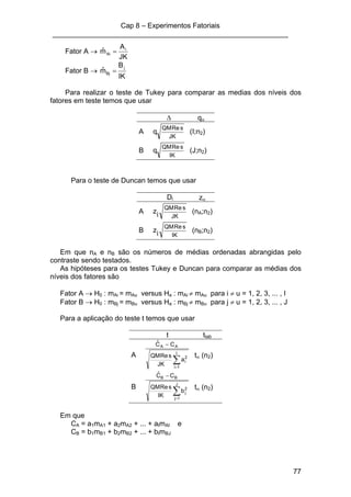 Cap 8 – Experimentos Fatoriais
____________________________________________________________
77
Fator A →
JK
A
mˆ i
Ai =
Fator B →
IK
B
mˆ j
Bj =
Para realizar o teste de Tukey para comparar as medias dos níveis dos
fatores em teste temos que usar
∆ qα
A
JK
sReQM
q (I;n2)
B
IK
sReQM
q (J;n2)
Para o teste de Duncan temos que usar
Di zα
A
JK
sReQM
iz (nA;n2)
B
IK
sReQM
iz (nB;n2)
Em que nA e nB são os números de médias ordenadas abrangidas pelo
contraste sendo testados.
As hipóteses para os testes Tukey e Duncan para comparar as médias dos
níveis dos fatores são
Fator A → H0 : mAi = mAu versus Ha : mAi ≠ mAu para i ≠ u = 1, 2, 3, ... , I
Fator B → H0 : mBj = mBu versus Ha : mBj ≠ mBu para j ≠ u = 1, 2, 3, ... , J
Para a aplicação do teste t temos que usar
t ttab
A
∑=
−
I
1i
2
i
AA
a
JK
sReQM
CCˆ
tα (n2)
B
∑=
−
J
1j
2
j
BB
b
IK
sReQM
CCˆ
tα (n2)
Em que
CA = a1mA1 + a2mA2 + ... + aImAI e
CB = b1mB1 + b2mB2 + ... + bImBJ
 