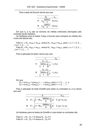 EST 220 – Estatística Experimental – I/2008
___________________________________________________________
80
Para o teste de Duncan temos que usar
Di zα
A
K
sReQM
iz (nA;n2)
B
K
sReQM
iz (nB;n2)
Em que nA e nB são os números de médias ordenadas abrangidas pelo
contraste sendo testados.
As hipóteses para os testes Tukey e Duncan para comparar as médias dos
níveis dos fatores são
Fator A → H0 : mAi/Bj = mAu/Bj versus Ha : mAi/Bj ≠ mAu/Bj para i ≠ u = 1, 2, 3, ...
, I e j = 1, 2, ... , J
Fator B → H0 : mBj/Ai = mBu/Ai versus Ha : mBj/Ai ≠ mBu/Ai para j ≠ u = 1, 2, 3, ...
, J e i = 1, 2, ... , I
Para a aplicação do teste t temos que usar
t ttab
A
∑=
−
I
1i
2
i
AA
a
K
sReQM
CCˆ
tα (n2)
B
∑=
−
JI
1j
2
i
BB
b
K
sReQM
CCˆ
tα (n2)
Em que
CA = a1mA1/Bj + a2mA2/Bj + ... + aImAI/Bj para j = 1, 2, ..., J e
CB = b1mB1/Ai + b2mB2/Ai + ... + bJmBJ/Ai para i = 1, 2, ... , I
Para a aplicação do teste Scheffé para testar os contrastes CA e CB temos
que usar
S Ftab
A ∑=
−=
I
1i
2
itab a
K
sReQM
F)1I(S Fα [(I -1); n2]
B ∑=
−=
J
1j
2
jtab b
K
sReQM
F)1J(S Fα [(J -1); n2]
As hipóteses para os testes de Scheffé e t para testar os contrastes são
Fator A → H0 : CA = 0 versus Ha : CA ≠ 0
Fator B → H0 : CB = 0 versus Ha : CB ≠ 0
 