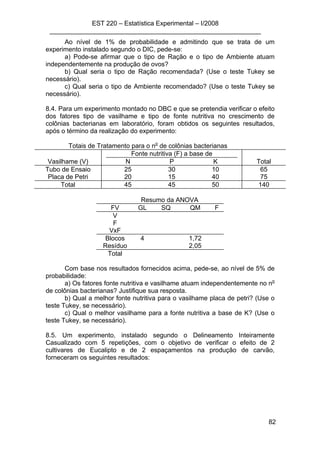 EST 220 – Estatística Experimental – I/2008
___________________________________________________________
82
Ao nível de 1% de probabilidade e admitindo que se trata de um
experimento instalado segundo o DIC, pede-se:
a) Pode-se afirmar que o tipo de Ração e o tipo de Ambiente atuam
independentemente na produção de ovos?
b) Qual seria o tipo de Ração recomendada? (Use o teste Tukey se
necessário).
c) Qual seria o tipo de Ambiente recomendado? (Use o teste Tukey se
necessário).
8.4. Para um experimento montado no DBC e que se pretendia verificar o efeito
dos fatores tipo de vasilhame e tipo de fonte nutritiva no crescimento de
colônias bacterianas em laboratório, foram obtidos os seguintes resultados,
após o término da realização do experimento:
Totais de Tratamento para o no
de colônias bacterianas
Fonte nutritiva (F) a base de
Vasilhame (V) N P K Total
Tubo de Ensaio 25 30 10 65
Placa de Petri 20 15 40 75
Total 45 45 50 140
Resumo da ANOVA
FV GL SQ QM F
V
F
VxF
Blocos 4 1,72
Resíduo 2,05
Total
Com base nos resultados fornecidos acima, pede-se, ao nível de 5% de
probabilidade:
a) Os fatores fonte nutritiva e vasilhame atuam independentemente no no
de colônias bacterianas? Justifique sua resposta.
b) Qual a melhor fonte nutritiva para o vasilhame placa de petri? (Use o
teste Tukey, se necessário).
c) Qual o melhor vasilhame para a fonte nutritiva a base de K? (Use o
teste Tukey, se necessário).
8.5. Um experimento, instalado segundo o Delineamento Inteiramente
Casualizado com 5 repetições, com o objetivo de verificar o efeito de 2
cultivares de Eucalipto e de 2 espaçamentos na produção de carvão,
forneceram os seguintes resultados:
 