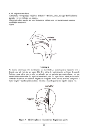 23
3.200 Hz para as mulheres.
Este último corresponde à percepção do tremor vibratório, isto é, no lugar de ressonância
que dá a voz seu timbre e seu alcance.
O conjunto disto permite um bom fechamento glótico, uma voz que comporta todas as
qualidades necessárias.
Figura
FIGURA B
Ao mesmo tempo que estes movimentos são executados, o cantor deve se preocupar com a
direção que ele vai dar ao sopro. Ele deve dirigi-lo verticalmente ao longo da parede
faríngea, para trás e para o alto em direção ao véu palatino para desembocar, no que
habitualmente chamamos de, lugar de ressonância, que é o lugar onde a sensação de tremor
vibratório é sentida. Ele se situa, no grave e no agudo, acima do véu palatino. Um pouco à
frente no grave e cada vez mais atrás e em cima à medida que vai aos agudos (figura 18).
Figura A - Distribuição das ressonâncias, do grave ao agudo.
 