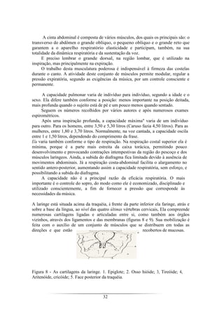32
A cinta abdominal é composta de vários músculos, dos quais os principais são: o
transverso do abdômen o grande oblíquo, o pequeno oblíquo e o grande reto que
garantem a o aparelho respiratório elasticidade e participam, também, na sua
totalidade da dinâmica respiratória e da sustentação da voz.
E preciso lembrar o grande dorsal, na região lombar, que é utilizado na
inspiração, mas principalmente na expiração.
O trabalho desta musculatura poderosa é indispensável à firmeza das costelas
durante o canto. A atividade deste conjunto de músculos permite modular, regular a
pressão expiratória, segundo as exigências da música, por um controle consciente e
permanente.
A capacidade pulmonar varia de indivíduo para indivíduo, segundo a idade e o
sexo. Ela difere também conforme a posição: menos importante na posição deitada,
mais profunda quando o sujeito está de pé e um pouco menos quando sentado.
Seguem os números recolhidos por vários autores e após numerosos exames
espirométricos.
Após uma inspiração profunda, a capacidade máxima" varia de um indivíduo
para outro. Para os homens, entre 3,50 e 5,30 litros (Caruso fazia 4,50 litros). Para as
mulheres, entre 1,80 e 3,70 litros. Normalmente, na voz cantada, a capacidade oscila
entre 1 e 1,50 litros, dependendo do comprimento da frase.
Ela varia também conforme o tipo de respiração. Na respiração costal superior ela é
mínima, porque é a parte mais estreita da caixa torácica, permitindo pouco
desenvolvimento e provocando contrações intempestivas da região do pescoço e dos
músculos laríngeos. Ainda, a subida do diafragma fica limitada devido à ausência de
movimentos abdominais. Já a respiração costa-abdominal facilita o alargamento no
sentido antero-posterior, aumentando assim a capacidade respiratória, sem esforço, e
possibilitando a subida do diafragma.
A capacidade não é a principal razão da eficácia respiratória. O mais
importante é o controle do sopro, do modo como ele é economizado, disciplinado e
utilizado conscientemente, a fim de fornecer a pressão que corresponde às
necessidades da música.
A laringe está situada acima da traquéia, à frente da parte inferior ela faringe, atrás e
sobre a base da língua, ao nível das quatro últimas vértebras cervicais, Ela compreende
numerosas cartilagens ligadas e articuladas entre si, como também aos órgãos
vizinhos, através dos ligamentos e das membranas (figuras 8 e 9). Sua mobilização é
feita com o auxílio de um conjunto de músculos que se distribuem em todas as
direções e que estão recobertos de mucosas.
Figura 8 - As cartilagens da laringe. 1. Epiglote; 2. Osso hióide; 3, Tireóide; 4,
Aritenóide, cricóide; 5. Face posterior da traquéia.
 