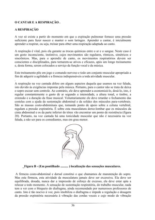 36
O CANTAR E A RESPIRAÇÃO .
A RESPIRAÇÃO
A voz só existe a partir do momento em que a expiração pulmonar fornece uma pressão
suficiente para fazer nascer e manter o som laríngeo. Aprender a cantar, é inicialmente
aprender a respirar, ou seja, treinar para obter uma respiração adaptada ao canto.
A respiração é vital, pois ela garante as trocas químicas entre o ar e o sangue. Neste caso é
um gesto inconsciente, instintivo, cujos movimentos são regulares, rítmicos, simétricos e
sincrônicos. Mas, para o aprendiz de canto, os movimentos respiratórios devem ser
conscientes e disciplinados, para tornarem-se ativos e eficazes, após um longo treinamento
e, desta forma, serem colocados a serviço da função vocal e da música.
Este treinamento põe em jogo o comando nervoso e todo um conjunto muscular apropriado a
fim de adquirir a agilidade e a firmeza indispensáveis a toda atividade muscular.
.
A respiração na voz cantada difere em alguns aspectos daquela que usamos na voz falada,
isto devido às exigências impostas pela música. Portanto, para o cantor não se trata de deixa
o sopro escoar sem controle. Ao contrário, ele deve aprender a economizá-lo, dosá-lo, isto, é
regular constantemente o gasto de ar segundo a intensidade, a altura tonal, o timbre, a
extensão e a duração da frase musical. Voluntariamente ele deve retardar o fechamento das
costelas com a ajuda da sustentação abdominal e da solidez dos músculos para-vertebrais.
São as massas costo-abdominais que, tomando ponto de apoio sobre a coluna vertebral,
regulam a pressão expiratória. É sobre esta musculatura dorso-lombar que os músculos da
cinta abdominal e os da parte inferior do tórax vão encontrar um ponto de resistência (figura
20). Portanto, na voz cantada há uma tonicidade muscular que não é necessária na voz
falada, a não ser para os comediantes, mas em grau menor.
_Figura B - (Em pontilhado .......... ) localização das sensações musculares.
A firmeza costo-abdominal e dorsal constitui o que chamamos de manutenção do sopro.
Mas esta firmeza, esta atividade da musculatura jamais deve ser excessiva. Ela deve ser
equilibrada, dosada, nunca dar a impressão de esforço de excesso, ela deve estar apta a
relaxar a todo momento. A sensação de sustentação respiratória, do trabalho muscular, nada
tem a ver com o bloqueio do diafragma, ainda recomendado por numerosos professores de
canto. Isto é tão nocivo à voz, pois imobiliza o diafragma e impede a regulação e dosagem
da pressão expiratória necessária à vibração das cordas vocais e cujo modo de vibração
 