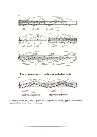 71
Uma vez lentamente, três vezes depressa, mudando as vogais.
A primeira escala em i, ou ê, à plena voz, a segunda vez com u, ppp, ou ao contrário,
dependendo do modo como a pessoa reage.
 