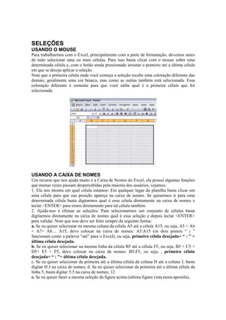 SELEÇÕES
USANDO O MOUSE
Para trabalharmos com o Excel, principalmente com a parte de formatação, devemos antes
de tudo selecionar uma ou mais células. Para isso basta clicar com o mouse sobre uma
determinada célula e, com o botão ainda pressionado arrastar o ponteiro até a última célula
em que se deseja aplicar a seleção.
Note que a primeira célula onde você começa a seleção recebe uma coloração diferente das
demais, geralmente uma cor branca, mas como as outras também está selecionada. Essa
coloração diferente é somente para que você saiba qual é a primeira célula que foi
selecionada.
USANDO A CAIXA DE NOMES
Um recurso que nos ajuda muito é a Caixa de Nomes do Excel, ela possui algumas funções
que muitas vezes passam despercebidas pela maioria dos usuários, vejamos:
1. Ela nos mostra em qual célula estamos: Em qualquer lugar da planilha basta clicar em
uma célula para que sua posição apareça na caixa de nomes. Se quisermos ir para uma
determinada célula basta digitarmos qual é essa célula diretamente na caixa de nomes e
teclar <ENTER> para irmos diretamente para tal célula também.
2. Ajuda-nos a efetuar as seleções: Para selecionarmos um conjunto de células basta
digitarmos diretamente na caixa de nomes qual é essa seleção e depois teclar <ENTER>
para validar. Note que isso deve ser feito sempre da seguinte forma:
a. Se eu quiser selecionar na mesma coluna da célula A5 até a célula A15, ou seja, A5 + A6
+ A7+ A8.... A15, devo colocar na caixa de nomes: A5:A15 (os dois pontos “ : ”
funcionam como a palavra “até” para o Excel), ou seja, primeira célula desejada+ “ : ” +
última célula desejada.
b. Se eu quiser selecionar na mesma linha da célula B5 até a célula F5, ou seja, B5 + C5 +
D5+ E5 + F5, devo colocar na caixa de nomes: B5:F5, ou seja, , primeira célula
desejada+ “ : ”+ última célula desejada.
c. Se eu quiser selecionar da primeira até a última célula da coluna H até a coluna J, basta
digitar H:J na caixa de nomes; d. Se eu quiser selecionar da primeira até a última célula da
linha 5, basta digitar 5:5 na caixa de nomes; 12
e. Se eu quiser fazer a mesma seleção da figura acima (ultima figura vista nesta apostila),
 
