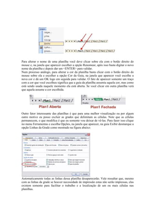 Para alterar o nome de uma planilha você deve clicar sobre ela com o botão direito do
mouse e, na janela que aparecer escolher a opção Renomear, após isso basta digitar o novo
nome da planilha e depois dar um <ENTER> para validar.
Num processo análogo, para alterar a cor da planilha basta clicar com o botão direito do
mouse sobre ela e escolher a opção Cor da Guia, na janela que aparecer você escolhe a
nova cor e dá um OK logo em seguida para validar. O fato de aparecer somente um traço
com a cor que você escolheu significa que a guia da planilha assumiu aquela cor, mas como
está sendo usada naquele momento ela está aberta. Se você clicar em outra planilha verá
que aquela assume a cor escolhida.
Outro fator interessante das planilhas é que para uma melhor visualização ou por algum
outro motivo eu posso excluir as grades que delimitam as células. Note que as células
permanecem, o que modifica é que eu somente vou deixar de vê-las. Para fazer isso clique
no menu Ferramentas e escolha Opções, na janela que aparecer, na guia Exibir desmarque a
opção Linhas da Grade como mostrado na figura abaixo:
Automaticamente todas as linhas dessa planilha desaparecerão. Vale ressaltar que, mesmo
com as linhas da grade se houver necessidade de impressão estas não serão impressas, elas
existem somente para facilitar o trabalho e a localização de um ou mais células nas
planilhas.
 