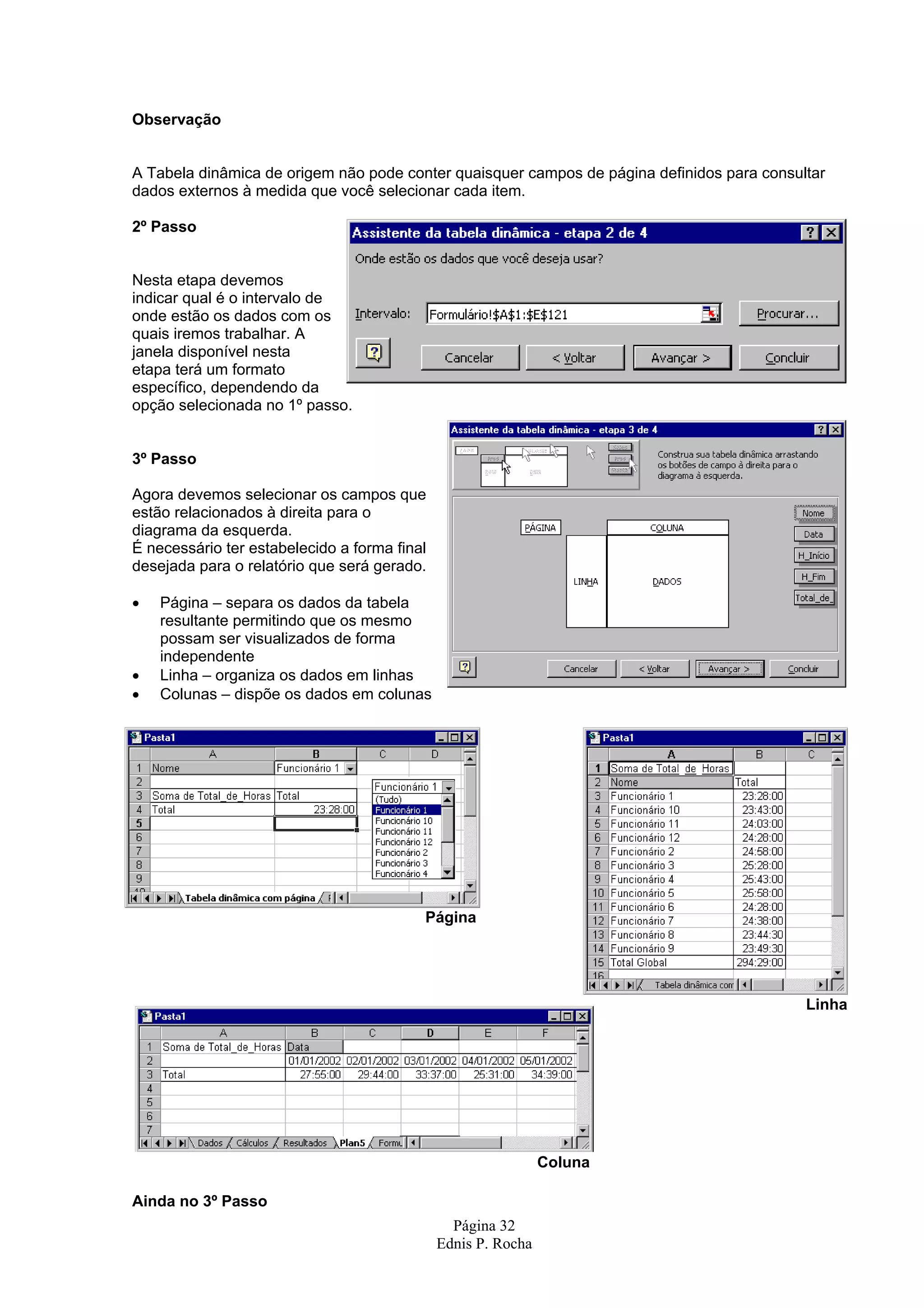 Observação A Tabela dinâmica de origem não pode conter quaisquer campos de página definidos para consultar dados externos à medida que você selecionar cada item. 2º Passo Nesta etapa devemos indicar qual é o intervalo de onde estão os dados com os quais iremos trabalhar. A janela disponível nesta etapa terá um formato específico, dependendo da opção selecionada no 1º passo. 3º Passo Agora devemos selecionar os campos que estão relacionados à direita para o diagrama da esquerda. É necessário ter estabelecido a forma final desejada para o relatório que será gerado. • Página – separa os dados da tabela resultante permitindo que os mesmo possam ser visualizados de forma independente • Linha – organiza os dados em linhas • Colunas – dispõe os dados em colunas Página Linha Coluna Ainda no 3º Passo Página 32 Ednis P. Rocha 