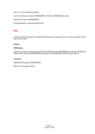 OU(1+1=1;2+2=5) é igual a FALSO

Se A1:A3 contiver os valores VERDADEIRO, FALSO e VERDADEIRO, então:

OU(A1:A3) é igual a VERDADEIRO

Consulte também o exemplo para EXATO.



NÃO


Inverte o valor do argumento. Use NÃO quando quiser ter certeza de que um valor não é igual a outro
valor determinado.


Sintaxe

NÃO(lógico)

Lógico :é um valor ou expressão que pode ser avaliado como VERDADEIRO ou FALSO. Se lógico for
FALSO, NÃO retornará VERDADEIRO; se lógico for VERDADEIRO, NÃO retornará FALSO.


Exemplos

NÃO(FALSO) é igual a VERDADEIRO

NÃO(1+1=2) é igual a FALSO




                                            Página 15
                                          Ednis P. Rocha
 