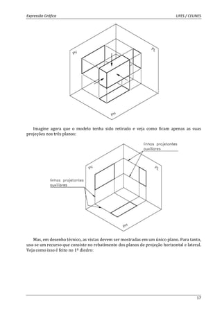 Expressão Gráfica UFES / CEUNES 
Imagine agora que o modelo tenha sido retirado e veja como ficam apenas as suas 
17 
projeções nos três planos: 
Mas, em desenho técnico, as vistas devem ser mostradas em um único plano. Para tanto, 
usa-se um recurso que consiste no rebatimento dos planos de projeção horizontal e lateral. 
Veja como isso é feito no 1º diedro: 
 