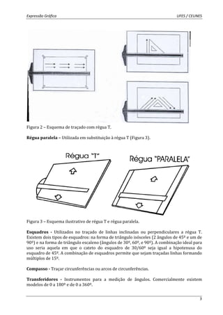 Expressão Gráfica UFES / CEUNES 
3 
Figura 2 – Esquema de traçado com régua T. 
Régua paralela – Utilizada em substituição à régua T (Figura 3). 
Figura 3 – Esquema ilustrativo de régua T e régua paralela. 
Esquadros - Utilizados no traçado de linhas inclinadas ou perpendiculares a régua T. 
Existem dois tipos de esquadros: na forma de triângulo isósceles (2 ângulos de 45º e um de 
90º) e na forma de triângulo escaleno (ângulos de 30º, 60º, e 90º). A combinação ideal para 
uso seria aquela em que o cateto do esquadro de 30/60º seja igual a hipotenusa do 
esquadro de 45º. A combinação de esquadros permite que sejam traçadas linhas formando 
múltiplos de 15º. 
Compasso - Traçar circunferências ou arcos de circunferências. 
Transferidores - Instrumentos para a medição de ângulos. Comercialmente existem 
modelos de 0 a 180º e de 0 a 360º. 
 