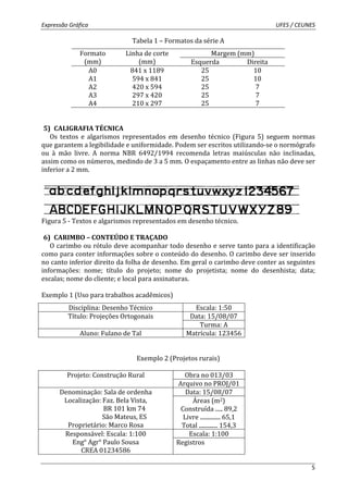 Expressão Gráfica UFES / CEUNES 
5 
Tabela 1 – Formatos da série A 
Formato Linha de corte 
Margem (mm) 
(mm) 
(mm) Esquerda Direita 
A0 841 x 1189 25 10 
A1 594 x 841 25 10 
A2 420 x 594 25 7 
A3 297 x 420 25 7 
A4 210 x 297 25 7 
5) CALIGRAFIA TÉCNICA 
Os textos e algarismos representados em desenho técnico (Figura 5) seguem normas 
que garantem a legibilidade e uniformidade. Podem ser escritos utilizando-se o normógrafo 
ou à mão livre. A norma NBR 6492/1994 recomenda letras maiúsculas não inclinadas, 
assim como os números, medindo de 3 a 5 mm. O espaçamento entre as linhas não deve ser 
inferior a 2 mm. 
Figura 5 - Textos e algarismos representados em desenho técnico. 
6) CARIMBO – CONTEÚDO E TRAÇADO 
O carimbo ou rótulo deve acompanhar todo desenho e serve tanto para a identificação 
como para conter informações sobre o conteúdo do desenho. O carimbo deve ser inserido 
no canto inferior direito da folha de desenho. Em geral o carimbo deve conter as seguintes 
informações: nome; título do projeto; nome do projetista; nome do desenhista; data; 
escalas; nome do cliente; e local para assinaturas. 
Exemplo 1 (Uso para trabalhos acadêmicos) 
Disciplina: Desenho Técnico Escala: 1:50 
Título: Projeções Ortogonais Data: 15/08/07 
Turma: A 
Aluno: Fulano de Tal Matrícula: 123456 
Exemplo 2 (Projetos rurais) 
Projeto: Construção Rural Obra no 013/03 
Arquivo no PROJ/01 
Denominação: Sala de ordenha Data: 15/08/07 
Localização: Faz. Bela Vista, 
BR 101 km 74 
São Mateus, ES 
Proprietário: Marco Rosa 
Áreas (m2) 
Construída ..... 89,2 
Livre .............. 65,1 
Total ............. 154,3 
Responsável: Escala: 1:100 Escala: 1:100 
Eng° Agr° Paulo Sousa 
CREA 01234586 
Registros 
 