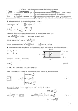 39
Tabela 2.1. Comportamento dos fluidos com relação à viscosidade
Fluido Comportamento Fenômeno
Líquidos A viscosidade diminui com a
temperatura
Tem espaçamento entre moléculas pequeno e ocorre a redução
da atração molecular com o aumento da temperatura.
Gases A viscosidade aumenta com a
temperatura
Tem espaçamento entre moléculas grande e ocorre o aumento
do choque entre moléculas com o aumento da temperatura.
! Análise dimensional da viscosidade ( sistema [F][L][T] ):
2
2
. −
=== LF
L
F
A
F
τ 1
1
−
−
== T
L
LT
dy
dv
21
2
..
.
L
TF
T
LF
dy
dvdy
dv
===⇒= −
−
τ
µµτ
Portanto, as unidades de viscosidade nos sistemas de unidades mais comuns são :
CGS : [ ] poise
cm
sdina
=
×
= 2
µ { poise = 100 cetipoise (cp) }
Métrico Gravitacional ( MK*S ) : [ ] 2
m
skgf ×
=µ
Sistema Internacional ( SI ) : [ ] sPa
m
sN
×=
×
= 2
µ )(11{ 2
PascalPa
m
N
=
! Simplificação Prática : a velocidade varia linearmente com y ( para distâncias entre placas pequenas )
e
v
e
v
dy
dv 00
0
0
=
−
−
=
Neste caso, a equação 2.1 fica assim :
e
v0
.µτ = ( eq.2.2 )
2.1.3. MASSA ESPECÍFICA e PESO ESPECÍFICO
Massa Específica ( ρ ) é a massa de fluido contida em uma unidade de volume do mesmo :
V
m
=ρ









=
=
=
=
3
*
3
3
3
][:
][:
][:
][
m
utm
SMK
m
kg
SI
cm
g
CGS
L
M
ρ
ρ
ρ
ρ ( eq 2.3 )
Peso Específico ( γ ) é o peso ( G ) de uma unidade de volume de um fluido
V
gm
V
G .
==γ ! g.ργ =









=
=
=
=
××
=
−
3
*
3
3
33
2
][:
][:
][:
][
m
Kgf
SMK
m
N
SI
cm
dina
CGS
L
F
L
TLM
γ
γ
γ
γ ( eq 2.4 )
Ft
v = 0
v = v0
x
ye < 4 mm
 