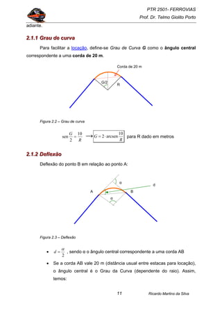 PTR 2501- FERROVIAS
Prof. Dr. Telmo Giolito Porto
Ricardo Martins da Silva11
adiante.
222...111...111 GGGrrraaauuu dddeee cccuuurrrvvvaaa
Para facilitar a locação, define-se Grau de Curva G como o ângulo central
correspondente a uma corda de 20 m.
Figura 2.2 – Grau de curva
R
G 10
2
sen = → R
G
10
arcsen2⋅= para R dado em metros
222...111...222 DDDeeefffllleeexxxãããooo
Deflexão do ponto B em relação ao ponto A:
Figura 2.3 – Deflexão
•
2
α
=d , sendo α o ângulo central correspondente a uma corda AB
• Se a corda AB vale 20 m (distância usual entre estacas para locação),
o ângulo central é o Grau da Curva (dependente do raio). Assim,
temos:
Corda de 20 m
G/2
R
α
A B
d
α
 