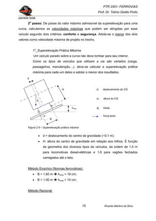PTR 2501- FERROVIAS
Prof. Dr. Telmo Giolito Porto
Ricardo Martins da Silva15
parada total.
2o
passo: De posse do valor máximo admissível da superelevação para uma
curva, calculamos as velocidades máximas que podem ser atingidas por esse
veículo segundo dois critérios: conforto e segurança. Adota-se o menor dos dois
valores como velocidade máxima de projeto no trecho.
1o
_Superelevação Prática Máxima
Um veículo parado sobre a curva não deve tombar para seu interior.
Como os tipos de veículos que utilizam a via são variados (carga,
passageiros, manutenção,...), deve-se calcular a superelevação prática
máxima para cada um deles e adotar o menor dos resultados.
Figura 2.6 – Superelevação prática máxima
• d = deslocamento do centro de gravidade (~0,1 m);
• H: altura do centro de gravidade em relação aos trilhos. É função
da geometria dos diversos tipos de veículos, da ordem de 1,5 m
para locomotivas diesel-elétricas e 1,8 para vagões fechados
carregados até o teto;
Método Empírico (Normas ferroviárias):
• B = 1.60 m hmax = 18 cm;
• B = 1.00 m hmax = 10 cm;
Método Racional:
H
bitola
deslocamento do CG
B
α
hmax
altura do CG
força peso
d
d:
H:
B:
α
 