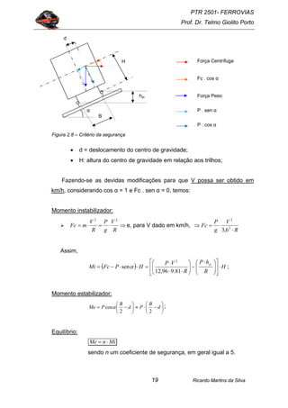 PTR 2501- FERROVIAS
Prof. Dr. Telmo Giolito Porto
Ricardo Martins da Silva19
Figura 2.8 – Critério da segurança
• d = deslocamento do centro de gravidade;
• H: altura do centro de gravidade em relação aos trilhos;
Fazendo-se as devidas modificações para que V possa ser obtido em
km/h, considerando cos α = 1 e Fc . sen α = 0, temos:
Momento instabilizador:
⇒⋅=⋅=
R
V
g
P
R
V
mFc
22
e, para V dado em km/h,
R
V
g
P
Fc
⋅
⋅=⇒ 2
2
6,3
Assim,
( ) H
B
hP
R
VP
HPFcMi
p
⋅⎥
⎦
⎤
⎢
⎣
⎡
⎟⎟
⎠
⎞
⎜⎜
⎝
⎛ ⋅
−⎟⎟
⎠
⎞
⎜⎜
⎝
⎛
⋅⋅
⋅
=⋅⋅−=
81.996,12
sen
2
α ;
Momento estabilizador:
⎟
⎠
⎞
⎜
⎝
⎛
−⋅≈⎟
⎠
⎞
⎜
⎝
⎛
−= d
B
Pd
B
PMe
22
cosα ;
Equilíbrio:
MinMe ⋅=
sendo n um coeficiente de segurança, em geral igual a 5.
H
Força Peso
Força Centrífuga
B
α
hpr
Fc . cos α
P . cos α
P . sen α
d
 