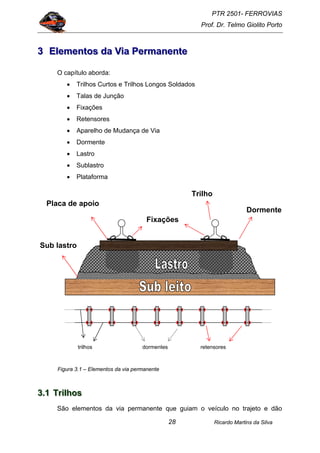 PTR 2501- FERROVIAS
Prof. Dr. Telmo Giolito Porto
Ricardo Martins da Silva28
333 EEEllleeemmmeeennntttooosss dddaaa VVViiiaaa PPPeeerrrmmmaaannneeennnttteee
O capítulo aborda:
• Trilhos Curtos e Trilhos Longos Soldados
• Talas de Junção
• Fixações
• Retensores
• Aparelho de Mudança de Via
• Dormente
• Lastro
• Sublastro
• Plataforma
Figura 3.1 – Elementos da via permanente
333...111 TTTrrriiilllhhhooosss
São elementos da via permanente que guiam o veículo no trajeto e dão
Sub lastro
Dormente
Trilho
Placa de apoio
Fixações
retensorestrilhos dormentes
 