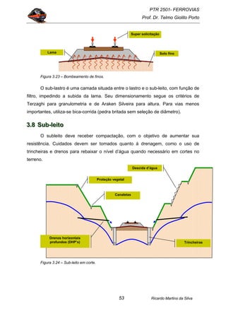 PTR 2501- FERROVIAS
Prof. Dr. Telmo Giolito Porto
Ricardo Martins da Silva53
Figura 3.23 – Bombeamento de finos.
O sub-lastro é uma camada situada entre o lastro e o sub-leito, com função de
filtro, impedindo a subida da lama. Seu dimensionamento segue os critérios de
Terzaghi para granulometria e de Araken Silveira para altura. Para vias menos
importantes, utiliza-se bica-corrida (pedra britada sem seleção de diâmetro).
333...888 SSSuuubbb---llleeeiiitttooo
O subleito deve receber compactação, com o objetivo de aumentar sua
resistência. Cuidados devem ser tomados quanto à drenagem, como o uso de
trincheiras e drenos para rebaixar o nível d’água quando necessário em cortes no
terreno.
Figura 3.24 – Sub-leito em corte.
Super solicitação
Solo finoLama
Descida d’água
Canaletas
Trincheiras
Drenos horizontais
profundos (DHP’s)
Proteção vegetal
 