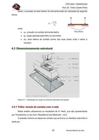 PTR 2501- FERROVIAS
Prof. Dr. Telmo Giolito Porto
Ricardo Martins da Silva62
Assim, a pressão na face inferior do dormente pode ser calculada da seguinte
forma:
ef
m
A
q
p 02⋅
=
onde:
• pm: pressão no contato dormente-lastro;
• q0: carga aplicada pelo trilho no dormente;
• Aef: área efetiva de contato (soma das duas áreas onde o lastro é
socado);
444...333 DDDiiimmmeeennnsssiiiooonnnaaammmeeennntttooo eeessstttrrruuutttuuurrraaalll
Figura 4.7 – distribuição da carga nos diversos elementos de suporte
444...333...111 TTTrrriiilllhhhooo::: ttteeennnsssãããooo dddeee cccooonnntttaaatttooo cccooommm aaa rrrooodddaaa
Nesta análise utilizaremos os resultados de H. Hertz, que são apresentados
por Timoshenko no seu livro “Resistência dos Materiais”, vol.2.
A pressão máxima na elipse de contato que se forma na interface roda-trilho é
dada por:
q0 q0
Área efetiva
 