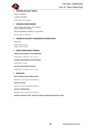 PTR 2501- FERROVIAS
Prof. Dr. Telmo Giolito Porto
Ricardo Martins da Silva80
• MODERN RAILWAY TRACK
ESVELD, COENRAAD
PLASSER & THEURER
EPEC /625.143^Es92m
• DESVÍOS FERROVIÁRIOS
JOSÉ - MANUEL GARCÍA DÍAZ - DE - VILLEGAS
MIGUEL RODRÍGUEZ BUGARÍN
EDITOR: INGENIERÍA CÁNTABRIA, S.A. para RENFE
EPEC /625.151^R618d
• AMERICAN RAILWAY ENGINEERING ASSOCIATION
BULLETINS
EPEC /385^Am35c
EPBC /385^Am35c
• REDE FERROVIÁRIA FEDERAL
NORMAS E INSTRUÇÕES DE VIA PERMANENTE
EPEC/625.1^R246no^V3, V4, V8
NORMAS E INSTRUÇÕES DE ELETROTÉCNICA
EPEC/625.1^ V5/7
ESTUDOS E RELATÓRIOS TÉCNICOS
EPEC/625.1^R246no^V1, V2, V3
• REVISTAS:
REVUE GENERALE DES CHEMINS DE FER
Biblioteca da Engenharia Elétrica
RAILWAY GAZETTE
Biblioteca da Engenharia Elétrica
RAILWAY INTERNACIONAL
Biblioteca da Engenharia Elétrica
QUARTELY REPORT OF RTRI - RAILWAY TECHNICAL RESERARCH INSTITUTE, JAPAN
 