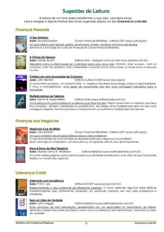 Apostila de Finanças Pessoais Ganancia.com.brGanancia.com.brGanancia.com.brGanancia.com.br51
SSuuggeessttõõeess ddee LLeeiittuurraa
A leitura de um livro pode transformar a sua vida. Leia bons livros.
Leia a sinopse e alguns trechos dos livros sugeridos abaixo no site Ganancia.com.br.
Finanças Pessoais
O Seu Dinheiro
Autor: Howard Dayton Crown Financial Ministries – Editora UDF (www.udf.org.br)
Um guia bíblico para ganhar, gastar, economizar, investir, contribuir e livrar-se das dívidas.
Este livro é o livro base do Curso de Finanças do Crown Financial Ministries.
A Chave do Tesouro
Autor: Randy Alcorn Editora Atos (adquirir o livro no site www.saraiva.com.br)
Descubra como a oferta pode ser o princípio para uma nova vida. Dinheiro, jóias, sucesso... tudo se
consome, tudo nos aprisiona. Para a liberdade, é preciso achar uma chave: a chave para os tesouros
no céu.
Cristãos em uma Sociedade de Consumo
Autor: John Benton Editora Cultura Cristã (www.cep.org.br)
O consumismo produziu um impacto forte e negativo nas áreas da ecologia, justiça e espiritualidade.
E mina a evangelização. Uma igreja de consumistas não tem uma mensagem salvadora para a
sociedade.
Multiplicadores de Talentos
Autor: Denny & Leesa Bellesi Editora Vida (www.editoravida.com.br)
Você está pronto para multiplicar os talentos que Deus lhe deu? Sejam quais forem os talentos que Deus
lhe concedeu - dinheiro, habilidades ou experiências - ele deseja vê-los multiplicados além do que você
consegue imaginar. Permita que Deus o transforme em um autêntico multiplicador de talentos.
Finanças nos Negócios
Negócios à luz da Bíblia
Autor: Larry Burkett Crown Financial Ministries – Editora UDF (www.udf.org.br)
Um guia completo de princípios bíblicos para a vida profissional.
O que aconteceria se você tomasse as decisões sobre seus negócios à luz da Bíblia?
Quer você seja um empresário, um executivo ou um gerente, esta é uma obra importante.
Deus é Dono do Meu Negócio
Autor: Stanley Tam e K. Anderson Editora Betânia (www.editorabetania.com.br)
Encontre nessas páginas novos caminhos para sua atividade profissional e uma visão do que Deus pode
realizar no mundo dos negócios.
Liderança Cristã
Liderando com Excelência
Autor: P.K.D. Lee Editora SOCEP (www.socep.com.br)
Desenvolvendo o seu potencial de influenciar pessoas. O autor defende algumas teses bíblicas
transformadoras que certamente causarão um profundo impacto em sua vida profissional e
ministerial.
Seja um Líder de Verdade
Autor: John Haggai Editora Betânia (www.editorabetania.com.br)
Doze princípios de fácil assimilação, apresentados por um especialista no treinamento de líderes.
Aprenda e desenvolva esses princípios e verá como sua liderança será aprimorada. Você será um líder
de verdade!
 