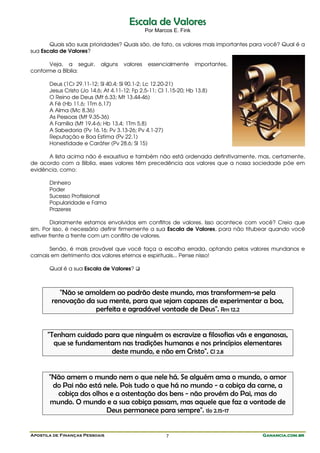 Apostila de Finanças Pessoais Ganancia.com.brGanancia.com.brGanancia.com.brGanancia.com.br7
EEssccaallaa ddee VVaalloorreess
Por Marcos E. Fink
Quais são suas prioridades? Quais são, de fato, os valores mais importantes para você? Qual é a
sua Escala de Valores?
Veja, a seguir, alguns valores essencialmente importantes,
conforme a Bíblia:
Deus (1Cr 29.11-12; Sl 40.4; Sl 90.1-2; Lc 12.20-21)
Jesus Cristo (Jo 14.6; At 4.11-12; Fp 2.5-11; Cl 1.15-20; Hb 13.8)
O Reino de Deus (Mt 6.33; Mt 13.44-46)
A Fé (Hb 11.6; 1Tm 6.17)
A Alma (Mc 8.36)
As Pessoas (Mt 9.35-36)
A Família (Mt 19.4-6; Hb 13.4; 1Tm 5.8)
A Sabedoria (Pv 16.16; Pv 3.13-26; Pv 4.1-27)
Reputação e Boa Estima (Pv 22.1)
Honestidade e Caráter (Pv 28.6; Sl 15)
A lista acima não é exaustiva e também não está ordenada definitivamente, mas, certamente,
de acordo com a Bíblia, esses valores têm precedência aos valores que a nossa sociedade põe em
evidência, como:
Dinheiro
Poder
Sucesso Profissional
Popularidade e Fama
Prazeres
Diariamente estamos envolvidos em conflitos de valores. Isso acontece com você? Creio que
sim. Por isso, é necessário definir firmemente a sua Escala de Valores, para não titubear quando você
estiver frente a frente com um conflito de valores.
Senão, é mais provável que você faça a escolha errada, optando pelos valores mundanos e
carnais em detrimento dos valores eternos e espirituais... Pense nisso!
Qual é a sua Escala de Valores?
"Não se amoldem ao padrão deste mundo, mas transformem-se pela
renovação da sua mente, para que sejam capazes de experimentar a boa,
perfeita e agradável vontade de Deus". Rm 12.2
"Tenham cuidado para que ninguém os escravize a filosofias vãs e enganosas,
que se fundamentam nas tradições humanas e nos princípios elementares
deste mundo, e não em Cristo". Cl 2.8
"Não amem o mundo nem o que nele há. Se alguém ama o mundo, o amor
do Pai não está nele. Pois tudo o que há no mundo - a cobiça da carne, a
cobiça dos olhos e a ostentação dos bens - não provém do Pai, mas do
mundo. O mundo e a sua cobiça passam, mas aquele que faz a vontade de
Deus permanece para sempre". 1Jo 2.15-17
 