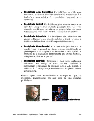 Profº Eduardo Barros – Comunicação Global, Verbal e Oratória. 13 
 Inteligência Lógico Matemática: É a habilidade para lidar com raciocínios, reconhecer problemas matemáticos e resolvê-los. É a inteligência característica de engenheiros, matemáticos e cientistas; 
 Inteligência Musical: É a habilidade para apreciar, compor ou reproduzir uma peça musical. Inclui percepção dos sons, temas musicais, sensibilidade para ritmos, texturas e timbre bem como habilidade para reproduzir e produzir sons de maneira criativa; 
 Inteligência Naturalista: É a inteligência dos envolvidos em causas ecológicas, (como os ambientalistas, artistas), revelando a habilidade de identificar e classificar padrões da natureza; 
 Inteligência Visual-Espacial: É a capacidade para entender o mundo visual e espacial de forma precisa, possibilitando as pessoas perceber as imagens, transformá-las e criá-las a partir da memória. É a inteligência predominante em artistas plásticos, navegadores, pilotos e arquitetos; 
 Inteligência Espiritual: Representa a mais nova inteligência adicionada pela equipe do Profº Gardner. Refere-se à preocupação e formulação de perguntas sobre a vida, a morte, o universo. É a inteligência predominante em religiosos, líderes espirituais etc. 
Observe agora estas personalidades e verifique os tipos de inteligência predominantes em cada uma de suas atuações profissionais: 
Jô Soares Caetano Veloso 
 