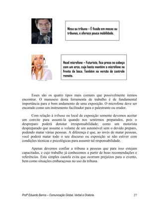 Profº Eduardo Barros – Comunicação Global, Verbal e Oratória. 27 
Esses são os quatro tipos mais comuns que possivelmente iremos encontrar. O manuseio desta ferramenta de trabalho é de fundamental importância para o bom andamento de uma exposição. O microfone deve ser encarado como um instrumento facilitador para o palestrante ou orador. 
Com relação à tribuna ou local de exposição somente devemos aceitar um convite para assumi-la quando nos sentirmos preparados, pois o despreparo poderá denotar irresponsabilidade; como um motorista despreparado que assume o volante de um automóvel sem o devido preparo, podendo matar várias pessoas. A diferença é que, ao invés de matar pessoas, você poderá matar todo o seu discurso ou exposição se não estiver com condições técnicas e psicológicas para assumir tal responsabilidade. 
Apenas devemos confiar a tribuna a pessoas que para isso estejam capacitadas, e cujo trabalho já conhecemos a partir de boas recomendações e referências. Esta simples cautela evita que ocorram prejuízos para o evento, bem como situações embaraçosas no uso da tribuna. 
Mesa ou tribuna – É fixado em mesas ou tribunas, e oferece pouca mobilidade. 
Head microfone – Futurista, fica preso na cabeça com um arco, cuja haste mantém o microfone na frente da boca. Também na versão de controle remoto. 
 
