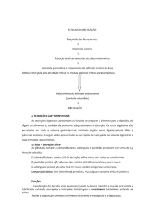 REFLEXO DA DEFECAÇÃO:
Propulsão das fezes ao reto
⇓
Distensão do reto
⇓
Ativação de sinais sensoriais do plexo mioentérico
⇓
Atividade peristáltica e relaxamento do esfíncter interno do ânus
Reflexo reforçado pela atividade reflexa na medula espinhal e fibras parassimpáticas
Relaxamento do esfíncter anal externo
(controle voluntário)
⇓
DEFECAÇÃO
4- SECREÇÕES GASTRINTESTINAIS:
As secreções digestivas apresentam as funções de preparar o alimento para a digestão, de
digerir os alimentos e, também de promover adequadamente a absorção. Os sucos digestivos são
secretados em todo o sistema gastrintestinal, incluindo órgãos como fígado,vesícula biliar e
pâncreas exócrino. A seguir serão apresentadas as secreções de cada parte do sistema digestório e
suas principais características.
4.1 Boca – Secreção salivar
As glândulas salivares submandibulares, sublinguais e parótidas produzem em torno de 1,5
litros de saliva/dia.
G.submandibulares: produz 70% da secreção; saliva mista; tem todos os constituintes.
G parótidas: produz 25%; saliva serosa; contém eletrólitos e enzimas; pouco muco.
G.sublinguais: produz 5%; saliva rica em muco; contém antígenos e anticorpos.
Composição básica: íons (eletrólitos), proteínas, muco,água e a enzima amilase (ptialina).
Funções:
- manutenção dos tecidos orais saudáveis (saúde da boca): mantém a mucosa oral úmida e
lubrificada, evitando ulcerações e infecções; limita/regula o crescimento bacteriano, evitando as
cáries.
-facilita a deglutição: umedece o alimento facilitando a mastigação e a deglutição;
 
