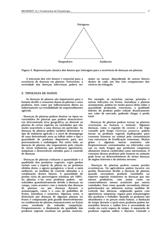 MICHEREFF, S.J. Fundamentos de Fitopatologia ... 7
Patógeno
Hospedeiro Ambiente
Figura 2. Representação clássica dos fatores que interagem para a ocorrência de doenças em plantas.
A interação dos três fatores é essencial para a
ocorrência de doenças em plantas. Entretanto, a
severidade das doenças infecciosas poderá ser
maior ou menor, dependendo de outros fatores
dentro de cada um dos três componentes dos
vértices do triângulo.
2. TIPOLOGIA DE DANOS
As doenças de plantas são importantes para o
homem devido a causarem danos às plantas e seus
produtos, bem como por influenciarem direta ou
indiretamente na rentabilidade do empreendimento
agrícola.
• Doenças de plantas podem limitar os tipos ou
variedades de plantas que podem desenvolver
em determinada área geográfica, ao destruir as
plantas de certas espécies ou variedades que são
muito suscetíveis a uma doença em particular. As
doenças de plantas podem também determinar o
tipo de indústria agrícola e o nível de desemprego
de uma determinada zona ao influir sobre o tipo e
quantidade de produtos disponíveis para seu
processamento e embalagem. Por outro lado, as
doenças de plantas são responsáveis pela criação
de novas indústrias que produzem agrotóxicos,
máquinas e desenvolvem métodos para o controle
de doenças.
• Doenças de plantas reduzem a quantidade e a
qualidade dos produtos vegetais, cujas perdas
variam com a espécie de planta ou os produtos
obtidos desta, o agente patogênico, o local, o meio
ambiente, as medidas de controle adotadas e a
combinação desses fatores. A quantidade de
perdas varia de percentagens mínimas até 100%.
As plantas e/ou seus produtos podem ser
reduzidos quantitativamente devido a doenças no
campo, como acontece com a maioria das doenças
de plantas, ou por doenças durante a
armazenagem, como é o caso de podridões de
frutos, hortaliças e sementes. Algumas vezes, a
destruição por doenças de algumas plantas ou
frutos é compensada pelo grande desenvolvimento
ou rendimento de plantas remanescentes ou frutos
como resultado da reduzida competição.
Freqüentemente, a diminuição da qualidade dos
produtos vegetais resultam em perdas notáveis.
Por exemplo, as manchas, sarnas, pústulas e
outras infecções em frutos, hortaliças e plantas
ornamentais, podem ter muito pouco efeito sobre a
quantidade produzida, entretanto, a qualidade
inferior do produto poder reduzir drasticamente
seu valor de mercado, podendo chegar à perda
total.
• Doenças de plantas podem tornar as plantas
venenosas ao homem e animais. Algumas
doenças, como o esporão do centeio e do trigo
causado pelo fungo Claviceps purpurea, podem
tornar os produtos vegetais inadequados para
consumo humano ou animal pela contaminação
com estruturas de frutificação venenosas. Muitos
grãos e algumas outras sementes são
freqüentemente contaminados ou infectados com
um ou mais fungos que produzem compostos
altamente tóxicos conhecidos como micotoxinas. O
consumo desses produtos pelo homem ou animais
pode levar ao desenvolvimento de sérias doenças
de órgãos internos e do sistema nervoso.
• Doenças de plantas podem causar perdas
econômicas. Os agricultores podem incorrer em
perdas financeiras devido a doenças de plantas
quando necessitam produzir variedades ou
espécies vegetais resistentes às doenças que são
menos produtivas, com maior custo ou
comercialmente menos aceitáveis que outras
variedades, bem como quando necessitam efetuar
pulverizações ou adotarem outras medidas de
controle das doenças, originando gastos com
agrotóxicos, máquinas, espaço para armazenagem
dos produtos e trabalho. Quando os produtos são
abundantes e os preços estão baixos, a limitação
de tempo durante o qual esses produtos podem ser
mantidos frescos e sadios leva à necessidade da
venda em curto espaço de tempo. A separação de
produtos vegetais sadios e doentes, evitando a
 
