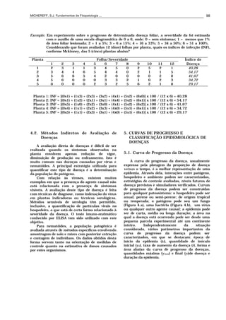 MICHEREFF, S.J. Fundamentos de Fitopatologia ... 98
Exemplo: Em experimento sobre o progresso de determinada doença foliar, a severidade da foi estimada
com o auxílio de uma escala diagramática de 0 a 6, onde: 0 = sem sintomas; 1 = menos que 1%
de área foliar lesionada; 2 = 1 a 5%; 3 = 6 a 15%; 4 = 16 a 33%; 5 = 34 a 50%; 6 = 51 a 100%.
Considerando que foram avaliadas 12 (doze) folhas por planta, quais os índices de infecção (INF),
conforme Mckinney, das 5 (cinco) plantas abaixo?
Planta Folha/Severidade Índice de
1 2 3 4 5 6 7 8 9 10 11 12 Doença
1 2 3 1 1 3 4 5 0 2 5 2 1 40,28
2 3 4 4 6 5 4 4 0 2 1 1 5 54,17
3 5 6 6 5 4 2 0 0 0 0 2 0 41,67
4 5 6 0 0 0 3 3 2 1 0 2 3 34,72
5 0 0 0 0 2 3 2 5 6 2 1 0 29,17
Planta 1: INF = [(0x1) + (1x3) + (2x3) + (3x2) + (4x1) + (5x2) + (6x0)] x 100 / (12 x 6) = 40,28
Planta 2: INF = [(0x1) + (1x2) + (2x1) + (3x1) + (4x4) + (5x2) + (6x1)] x 100 / (12 x 6) = 54,17
Planta 3: INF = [(0x5) + (1x0) + (2x2) + (3x0) + (4x1) + (5x2) + (6x2)] x 100 / (12 x 6) = 41,67
Planta 4: INF = [(0x4) + (1x1) + (2x2) + (3x3) + (4x0) + (5x1) + (6x1)] x 100 / (12 x 6) = 34,72
Planta 5: INF = [(0x5) + (1x1) + (2x3) + (3x1) + (4x0) + (5x1) + (6x1)] x 100 / (12 x 6) = 29,17
4.2. Métodos Indiretos de Avaliação de
Doenças
A avaliação direta de doenças é difícil de ser
realizada quando os sintomas observados na
planta envolvem apenas redução de vigor,
diminuição de produção ou enfezamento. Isto é
muito comum nas doenças causadas por vírus e
nematóides. A principal estratégia utilizada para
quantificar este tipo de doença é a determinação
da população do patógeno.
Com relação às viroses, existem muitos
exemplos em que a presença do agente causal não
está relacionada com a presença de sintomas
visíveis. A avaliação deste tipo de doença é feita
com técnicas de diagnose, como indexação do vírus
em plantas indicadoras ou técnicas serológicas.
Métodos sensíveis de serologia têm permitido,
inclusive, a quantificação de partículas virais no
hospedeiro, o que está de certa forma relacionado à
severidade da doença. O teste imuno-enzimático
conhecido por ELISA tem sido utilizado com este
objetivo.
Para nematóides, a população patogênica é
avaliada através de métodos específicos envolvendo
amostragem de solo e raízes com posterior extração
e contagem de indivíduos. Os dados obtidos desta
forma servem tanto na orientação de medidas de
controle quanto na estimativa de danos causados
por estes organismos.
5. CURVAS DE PROGRESSO E
CLASSIFICAÇÃO EPIDEMIOLÓGICA DE
DOENÇAS
5.1. Curva de Progresso da Doença
A curva de progresso da doença, usualmente
expressa pela plotagem da proporção de doença
versus o tempo, é a melhor representação de uma
epidemia. Através dela, interações entre patógeno,
hospedeiro e ambiente podem ser caracterizadas,
estratégias de controle avaliadas, níveis futuros de
doença previstos e simuladores verificados. Curvas
de progresso da doença podem ser construídas
para qualquer patossistema: o hospedeiro pode ser
anual, perene ou semi-perene; de origem tropical
ou temperada; o patógeno pode seu um fungo
(Figura 4.a), uma bactéria (Figura 4.b), um vírus
ou qualquer outro agente causal; a epidemia pode
ser de curta, média ou longa duração; a área na
qual a doença está ocorrendo pode ser desde uma
pequena parcela experimental até um continente
inteiro. Independentemente da situação
considerada, vários parâmetros importantes da
curva de progresso da doença podem ser
caracterizados, em que se destacam: época de
início da epidemia (t0), quantidade de inóculo
inicial (y0), taxa de aumento da doença (r), forma e
área abaixo da curva de progresso da doenças,
quantidades máxima (ymax) e final (yf)de doença e
duração da epidemia.
 