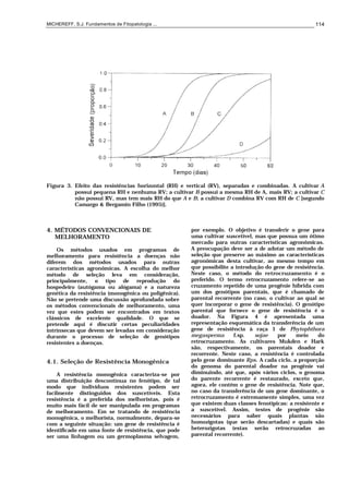 MICHEREFF, S.J. Fundamentos de Fitopatologia ... 114
Figura 3. Efeito das resistências horizontal (RH) e vertical (RV), separadas e combinadas. A cultivar A
possui pequena RH e nenhuma RV; a cultivar B possui a mesma RH de A, mais RV; a cultivar C
não possui RV, mas tem mais RH do que A e B; a cultivar D combina RV com RH de C [segundo
Camargo & Bergamin Filho (1995)].
4. MÉTODOS CONVENCIONAIS DE
MELHORAMENTO
Os métodos usados em programas de
melhoramento para resistência a doenças não
diferem dos métodos usados para outras
características agronômicas. A escolha do melhor
método de seleção leva em consideração,
principalmente, o tipo de reprodução do
hospedeiro (autógama ou alógama) e a natureza
genética da resistência (monogênica ou poligênica).
Não se pretende uma discussão aprofundada sobre
os métodos convencionais de melhoramento, uma
vez que estes podem ser encontrados em textos
clássicos de excelente qualidade. O que se
pretende aqui é discutir certas peculiaridades
intrínsecas que devem ser levadas em consideração
durante o processo de seleção de genótipos
resistentes a doenças.
4.1. Seleção de Resistência Monogênica
A resistência monogênica caracteriza-se por
uma distribuição descontínua no fenótipo, de tal
modo que indivíduos resistentes podem ser
facilmente distinguidos dos suscetíveis. Esta
resistência é a preferida dos melhoristas, pois é
muito mais fácil de ser manipulada em programas
de melhoramento. Em se tratando de resistência
monogênica, o melhorista, normalmente, depara-se
com a seguinte situação: um gene de resistência é
identificado em uma fonte de resistência, que pode
ser uma linhagem ou um germoplasma selvagem,
por exemplo. O objetivo é transferir o gene para
uma cultivar suscetível, mas que possua um ótimo
mercado para outras características agronômicas.
A preocupação deve ser a de adotar um método de
seleção que preserve ao máximo as características
agronômicas desta cultivar, ao mesmo tempo em
que possibilite a introdução do gene de resistência.
Neste caso, o método do retrocruzamento é o
preferido. O termo retrocruzamento refere-se ao
cruzamento repetido de uma progênie híbrida com
um dos genótipos parentais, que é chamado de
parental recorrente (no caso, o cultivar ao qual se
quer incorporar o gene de resistência). O genótipo
parental que fornece o gene de resistência é o
doador. Na Figura 4 é apresentada uma
representação esquemática da transferência de um
gene de resistência à raça 1 de Phytophthora
megasperma f.sp. sojae por meio do
retrocruzamento. As cultivares Mukden e Hark
são, respectivamente, os parentais doador e
recorrente. Neste caso, a resistência é controlada
pelo gene dominante Rps. A cada ciclo, a proporção
do genoma do parental doador na progênie vai
diminuindo, até que, após vários ciclos, o genoma
do parente recorrente é restaurado, exceto que,
agora, ele contém o gene de resistência. Note que,
no caso da transferência de um gene dominante, o
retrocruzamento é extremamente simples, uma vez
que existem duas classes fenotípicas: a resistente e
a suscetível. Assim, testes de progênie são
necessários para saber quais plantas são
homozigotas (que serão descartadas) e quais são
heterozigotas (estas serão retrocruzadas ao
parental recorrente).
 