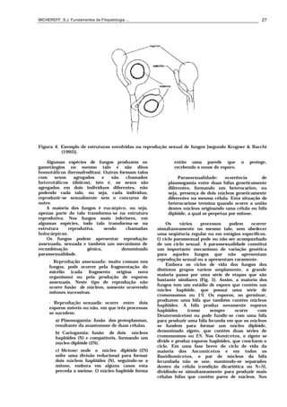 MICHEREFF, S.J. Fundamentos de Fitopatologia ... 27
Figura 4. Exemplo de estruturas envolvidas na reprodução sexual de fungos [segundo Krugner & Bacchi
(1995)].
Algumas espécies de fungos produzem os
gametângios no mesmo talo e são ditos
homotálicos (hermafroditas). Outras formam talos
com sexos agregados e são chamados
heterotálicos (dióicos), isto é, os sexos são
agregados em dois indivíduos diferentes, não
podendo cada talo, ou seja, cada indivíduo,
reproduzir-se sexualmente sem o concurso de
outro.
A maioria dos fungos é eucárpico, ou seja,
apenas parte do talo transforma-se na estrutura
reprodutiva. Nos fungos mais inferiores, em
algumas espécies, todo talo transforma-se na
estrutura reprodutiva, sendo chamadas
holocárpicas.
Os fungos podem apresentar reprodução
assexuada, sexuada e também um mecanismo de
recombinação gênica, denominado
parassexualidade.
• Reprodução assexuada: muito comum nos
fungos, pode ocorrer pela fragmentação do
micélio (cada fragmento origina novo
organismo) ou pela produção de esporos
assexuais. Neste tipo de reprodução não
ocorre fusão de núcleos, somente ocorrendo
mitoses sucessivas.
• Reprodução sexuada: ocorre entre dois
esporos móveis ou não, em que três processos
se sucedem:
a) Plasmogamia: fusão dos protoplasmas,
resultante da anastomose de duas células.
b) Cariogamia: fusão de dois núcleos
haplóides (N) e compatíveis, formando um
núcleo diplóide (2N).
c) Meiose: onde o núcleo diplóide (2N)
sofre uma divisão reducional para formar
dois núcleos haplóides (N), seguindo-se a
mitose, embora em alguns casos esta
preceda a meiose. O núcleo haplóide forma
então uma parede que o protege,
recebendo o nome de esporo.
• Parassexualidade: ocorrência de
plasmogamia entre duas hifas geneticamente
diferentes, formando um heterocarion, ou
seja, presença de dois núcleos geneticamente
diferentes na mesma célula. Esta situação de
heterocariose termina quando ocorre a união
destes núcleos originando uma célula ou hifa
diplóide, a qual se perpetua por mitose.
Os vários processos podem ocorrer
simultaneamente no mesmo talo, sem obedecer
uma seqüência regular ou em estágios específicos.
O ciclo parassexual pode ou não ser acompanhado
de um ciclo sexual. A parassexualidade constitui
um importante mecanismo de variação genética
para aqueles fungos que não apresentam
reprodução sexual ou a apresentam raramente.
Embora os ciclos de vida dos fungos dos
distintos grupos variem amplamente, a grande
maioria passa por uma série de etapas que são
bastante similares (Fig. 5). Assim, a maioria dos
fungos tem um estádio de esporo que contém um
núcleo haplóide, que possui uma série de
cromossomos ou 1N. Os esporos, ao germinar,
produzem uma hifa que também contém núcleos
haplóides. A hifa produz novamente esporos
haplóides (como sempre ocorre com
Deuteromicetos) ou pode fundir-se com uma hifa
para produzir uma hifa fecunda em que os núcleos
se fundem para formar um núcleo diplóide,
denominado zigoto, que contém duas séries de
cromossomos ou 2N. Nos Oomicetos, o zigoto se
divide e produz esporos haplóides, que concluem o
ciclo. Em uma fase breve do ciclo de vida da
maioria dos Ascomicetos e em todos os
Basidiomicetos, o par de núcleos da hifa
fecundada não se une, mantendo-se separados
dentro da célula (condição dicariótica ou N+N),
dividindo-se simultaneamente para produzir mais
células hifas que contêm pares de núcleos. Nos
 