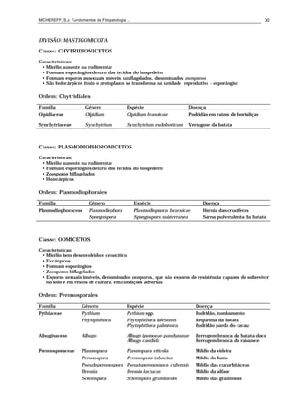 MICHEREFF, S.J. Fundamentos de Fitopatologia ... 30
DIVISÃO: MASTIGOMICOTA
Classe: CHYTRIDIOMICETOS
Características:
• Micélio ausente ou rudimentar
• Formam esporângios dentro dos tecidos do hospedeiro
• Formam esporos assexuais móveis, uniflagelados, denominados zoosporos
• São holocárpicos (todo o protoplasto se transforma na unidade reprodutiva - esporângio)
Ordem: Chytridiales
Família Gênero Espécie Doença
Olpidiaceae Olpidium Olpidium brassicae Podridão em raízes de hortaliças
Synchytriaceae Synchytrium Synchytrium endobioticum Verrugose da batata
Classe: PLASMODIOPHOROMICETOS
Características:
• Micélio ausente ou rudimentar
• Formam esporângios dentro dos tecidos do hospedeiro
• Zoosporos biflagelados
• Holocárpicos
Ordem: Plasmodiophorales
Família Gênero Espécie Doença
Plasmodiophoraceae Plasmodiophora Plasmodiophora brassicae Hérnia das crucíferas
Spongospora Spongospora subterranea Sarna pulverulenta da batata
Classe: OOMICETOS
Características:
• Micélio bem desenvolvido e cenocítico
• Eucárpicos
• Formam esporângios
• Zoosporos biflagelados
• Esporos sexuais imóveis, denominados oosporos, que são esporos de resistência capazes de sobreviver
no solo e em restos de cultura, em condições adversas
Ordem: Peronosporales
Família Gênero Espécie Doença
Pythiaceae Pythium Pythium spp. Podridão, tombamento
Phytophthora Phytophthora infestans Requeima da batata
Phytophthora palmivora Podridão parda do cacau
Albuginaceae Albugo Albugo ipomoeae-panduranae Ferrugem branca da batata-doce
Albugo candida Ferrugem branca do rabanete
Peronosporaceae Plasmopara Plasmopara viticola Míldio da videira
Peronospora Peronospora tabacina Míldio do fumo
Pseudoperonospora Pseudoperonospora cubensis Míldio das cucurbitáceas
Bremia Bremia lactucae Míldio da alface
Sclerospora Sclerospora graminicols Míldio das gramíneas
 