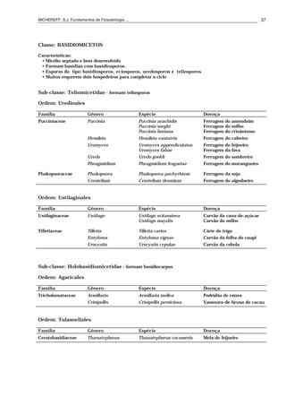 MICHEREFF, S.J. Fundamentos de Fitopatologia ... 37
Classe: BASIDIOMICETOS
Características:
• Micélio septado e bem desenvolvido
• Formam basídias com basidiosporos.
• Esporos do tipo: basidiosporos, eciosporos, uredosporos e teliosporos
• Muitos requerem dois hospedeiros para completar o ciclo
Sub-classe: Teliomicetidae - formam teliosporos
Ordem: Uredinales
Família Gênero Espécie Doença
Pucciniaceae Puccinia Puccinia arachidis Ferrugem do amendoim
Puccinia sorghi Ferrugem do milho
Puccinia horiana Ferrugem do crisântemo
Hemileia Hemileia vastatrix Ferrugem do cafeeiro
Uromyces Uromyces appendiculatus Ferrugem do feijoeiro
Uromyces fabae Ferrugem da fava
Uredo Uredo goeldi Ferrugem do sombreiro
Phragmidium Phragmidium fragariae Ferrugem do morangueiro
Phakopsoraceae Phakopsora Phakopsora pachyrhizae Ferrugem da soja
Cerotelium Cerotelium desmium Ferrugem do algodoeiro
Ordem: Ustilaginales
Família Gênero Espécie Doença
Ustilaginaceae Ustilago Ustilago scitaminea Carvão da cana-de-açúcar
Ustilago maydis Carvão do milho
Tilletiaceae Tilletia Tilletia caries Cárie do trigo
Entyloma Entyloma vignae Carvão da folha do caupi
Urocystis Urocystis cepulae Carvão da cebola
Sub-classe: Holobasidiomicetidae - formam basidiocarpos
Ordem: Agaricales
Família Gênero Espécie Doença
Tricholomataceae Armillaria Armillaria mellea Podridão de raízes
Crinipellis Crinipellis perniciosa Vassoura-de-bruxa do cacau
Ordem: Tulasnellales
Família Gênero Espécie Doença
Ceratobasidiaceae Thanatephorus Thanatephorus cucumeris Mela do feijoeiro
 