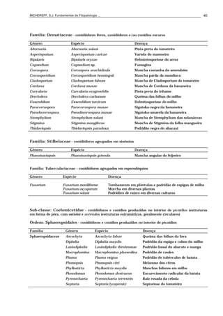 MICHEREFF, S.J. Fundamentos de Fitopatologia ... 40
Família: Dematiaceae - conidióforos livres, conidióforos e/ou conídios escuros
Gênero Espécie Doença
Alternaria Alternaria solani Pinta preta do tomateiro
Asperisporium Asperisporium caricae Varíola do mamoeiro
Bipolaris Bipolaris oryzae Helmintosporiose do arroz
Capnodium Capnodium sp. Fumagina
Cercospora Cercospora arachidicola Mancha castanha do amendoim
Cercosporidium Cercosporidium henningsii Mancha parda da mandioca
Cladosporium Cladosporium fulvum Mancha de Cladosporium do tomateiro
Cordana Cordana musae Mancha de Cordana da bananeira
Curvularia Curvularia eragrostidis Pinta preta do inhame
Drechslera Drechslera carbonum Queima das folhas do milho
Exserohilum Exserohilum turcicum Helmitosporiose do milho
Paracercospora Paracercospora musae Sigatoka-negra da bananeira
Pseudocercospora Pseudocercospora musae Sigatoka-amarela da bananeira
Stemphylium Stemphylium solani Mancha de Stemphylium das solanáceas
Stigmina Stigmina mangiferae Mancha de Stigmina da folha mangueira
Thielaviopsis Thielaviopsis paradoxa Podridão negra do abacaxi
Familia: Stilbelaceae - conidióforos agrupados em sinêmios
Gênero Espécie Doença
Phaeoisariopsis Phaeoisariopsis griseola Mancha angular do feijoeiro
Familia: Tuberculariaceae - conidióforos agrupados em esporodóquios
Gênero Espécie Doença
Fusarium Fusarium moniliforme Tombamento em plântulas e podridão de espigas de milho
Fusarium oxysporum Murcha em diversas plantas
Fusarium solani Podridões de raízes em diversas culturas
Sub-classe: Coelomicetidae - conidióforos e conídios produzidos no interior de picnídios (estruturas
em forma de pêra, com ostíolo) e acérvulos (estruturas estromáticas, geralmente circulares)
Ordem: Sphaeropsidales - conidióforos e conídios produzidos no interior de picnídios
Família Gênero Espécie Doença
Sphaeropsidaceae Ascochyta Ascochyta fabae Queima das folhas da fava
Diplodia Diplodia maydis Podridão da espiga e colmo do milho
Lasiodiplodia Lasiodiplodia theobromae Podridão basal do abacate e manga
Macrophomina Macrophomina phaseolina Podridão de caules
Phoma Phoma exigua Podridão de tubérculos de batata
Phomopsis Phomopsis citri Melanose dos citros
Phyllosticta Phyllosticta maydis Manchas foliares em milho
Plenodomus Plenodomus destruens Escurecimento radicular da batata
Pyrenochaeta Pyrenochaeta terrestris Raiz rosada da cebola
Septoria Septoria lycopersici Septoriose do tomateiro
 