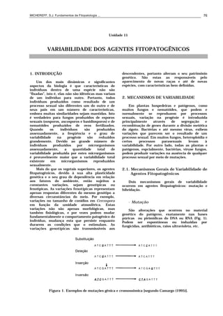 MICHEREFF, S.J. Fundamentos de Fitopatologia ... 76
Unidade 11
VARIABILIDADE DOS AGENTES FITOPATOGÊNICOS
1. INTRODUÇÃO
Um dos mais dinâmicos e significantes
aspectos da biologia é que características de
indivíduos dentro de uma espécie não são
“fixadas”, isto é, elas não são idênticas mas variam
de um indivíduo para outro. Portanto, todos
indivíduos produzidos como resultado de um
processo sexual são diferentes um do outro e de
seus pais em um número de características,
embora muitas similaridades sejam mantidas. Isto
é verdadeiro para fungos produzidos de esporos
sexuais (oosporos, ascosporos e basidiosporos) e de
nematóides produzidos de ovos fertilizados.
Quando os indivíduos são produzidos
assexuadamente, a freqüência e o grau de
variabilidade na progênie são reduzidos
grandemente. Devido ao grande número de
indivíduos produzidos por microrganismos
assexuadamente, a quantidade total de
variabilidade produzida por estes microrganismos
é provavelmente maior que a variabilidade total
existente em microrganismos reproduzidos
sexualmente.
Mais do que os vegetais superiores, os agentes
fitopatogênicos, devido à sua alta plasticidade
genética e o seu grau de dependência em relação
aos fatores do ambiente, estão sujeitos a
constantes variações, sejam genotípicas ou
fenotípicas. As variações fenotípicas representam
apenas respostas diferentes do mesmo genótipo a
diversas circunstâncias do meio. Por exemplo,
variações no tamanho de conídios em Cercospora
em função da umidade atmosférica. Estas
variações não são apenas morfológicas, mas
também fisiológicas, e por vezes podem mudar
fundamentalmente o comportamento patogênico do
indivíduo, mudança esta que persiste enquanto
durarem as condições que o estimulam. As
variações genotípicas são transmissíveis aos
descendentes, portanto alteram o seu patrimônio
genético. São estas as responsáveis pelo
aparecimento de novas raças e até de novas
espécies, com características bem definidas.
2. MECANISMOS DE VARIABILIDADE
Em plantas hospedeiras e patógenos, como
muitos fungos e nematóides, que podem e
normalmente se reproduzem por processos
sexuais, variação na progênie é introduzida
principalmente através de segregação e
recombinação de genes durante a divisão meiótica
do zigoto. Bactérias e até mesmo vírus, exibem
variações que parecem ser o resultado de um
processo sexual. Em muitos fungos, heteroploidia e
certos processos parasexuais levam à
variabilidade. Por outro lado, todas as plantas e
patógenos, espcialmente, bactérias, víruse fungos,
podem produzir variações na ausência de qualquer
processo sexual por meio de mutações.
2.1. Mecanismos Gerais de Variabilidade de
Agentes Fitopatogênicos
Dois mecanismos gerais de variabilidade
ocorrem em agentes fitopatogênicos: mutação e
hibridação.
• Mutação
São alterações que ocorrem no material
genético do patógeno, exatamente nas bases
púricas ou pirimídicas do DNA ou RNA (Fig. 1).
Podem ser espontâneas ou induzidas por
fungicidas, antibióticos, raios ultravioleta, etc.
Figura 1. Exemplos de mutações gênica e cromossômica [segundo Camargo (1995)].
 