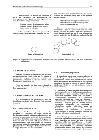 MICHEREFF, S.J. Fundamentos de Fitopatologia ... 83
 Ciclo primário - É aquele que tem início a
partir de estruturas de sobrevivência do
microrganismo ou a partir da fase saprofítica no
solo. Caracteriza-se por apresentar:
• Pequeno número de plantas infectadas;
• Pequeno número de lesões por planta;
• Baixo índice de infecção.
 Ciclo secundário - É aquele que sucede o
ciclo primário e se desenvolve a partir do inóculo
nele produzido, sem a interposição de uma fase de
repouso ou dormência entre eles. Caracteriza-se
por apresentar:
• Grande número de plantas infectadas;
• Grande número de lesões por planta;
• Alto índice de infecção.
Baseado no número de ciclos que uma
determinada doença apresentar durante uma
mesma estação de cultivo, pode ser classificada
como doença monocíclica (ou de ciclo primário) ou
doença policíclica (ou de ciclo secundário) (Fig. 2).
Doença Monocíclica Doença Policíclica
Figura 2. Representação esquemática de doença de ciclo primário (monocíclica) e de ciclo secundário
(policíclica).
2.1. FONTE DE INÓCULO
• Inóculo: é qualquer propágulo ou estrutura do
patógeno capaz de causar infecção. Ex: esporos e
micélio de fungos, células de bactérias ou
protozoários, partículas de vírus ou viróides, ovos
ou larvas de nematóides, etc.
• Fonte de inóculo: é o local onde o inóculo é
produzido. Ex: plantas doentes, restos de cultura,
solo infestado, etc.
2.2. DISSEMINAÇÃO DO INÓCULO
É a transferência do patógeno da fonte de
inóculo para os locais mais diversos. Pode ser ativa
e passiva.
2.2.1. Disseminação ativa
Aquela realizada com os próprios recursos do
patógeno (Ex.: zoosporos de fungos, células de
bactérias com flagelos e larvas de nematóides.). No
entanto, a importância deste tipo de disseminação
é restrita e limitada a uma área muito pequena em
torno da fonte de inóculo. Ela pode apenas ser
responsabilizada pela distribuição do patógeno
para outros órgãos de uma planta ou para outras
plantas vizinhas. Exemplos de disseminação ativa
a longas distâncias não são conhecidos.
2.2.2. Disseminação passiva
O inóculo do patógeno é transportado com o
auxílio de agentes de disseminação. Este tipo de
disseminação é muito mais importante que a ativa,
sendo responsável pela disseminação dos agentes
causais de doenças de plantas a curta e a longas
distâncias. Divide-se em disseminação passiva
direta e indireta.
• Disseminação passiva direta: aquela realizada
conjuntamente com os órgãos de propagação dos
hospedeiros. Ex.: sementes infestadas ou
infectadas (podridão negra das cruciferas -
Xanthomonas campestris pv. campestris;
podridão cinzenta do caule do feijoeiro -
Macrophomina phaseolina), borbulhas de citros
(Exorcote - causado por um viróide), rizomas
(nematóide cavernícola em bananeira -
Radopholus similis), tubérculos (sarna da
batatinha - Streptomyces scabies; murcha
bacteriana da batatinha - Ralstonia
solanacearum) e mudas infectadas (gomose do
abacaxi - Fusarium subglutinans).
• Disseminação passiva indireta: realizada por
diferentes agentes de disseminação como o vento
(Ex.: Ferrugem do colmo do trigo - Puccinia
graminis; oídio das cucurbitáceas - Erysiphe
cichoracearum), água (Ex.: crestamento gomoso
das cucurbitáceas - Dydimela bryoniae,
disseminada através dos sulcos de irrigação),
insetos (mosaico severo do caupi - disseminado
 