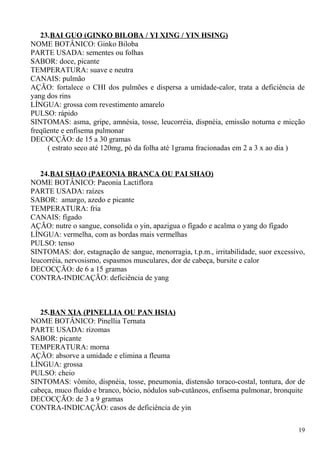23.BAI GUO (GINKO BILOBA / YI XING / YIN HSING)
NOME BOTÂNICO: Ginko Biloba
PARTE USADA: sementes ou folhas
SABOR: doce, picante
TEMPERATURA: suave e neutra
CANAIS: pulmão
AÇÃO: fortalece o CHI dos pulmões e dispersa a umidade-calor, trata a deficiência de
yang dos rins
LÍNGUA: grossa com revestimento amarelo
PULSO: rápido
SINTOMAS: asma, gripe, amnésia, tosse, leucorréia, dispnéia, emissão noturna e micção
freqüente e enfisema pulmonar
DECOCÇÃO: de 15 a 30 gramas
( estrato seco até 120mg, pó da folha até 1grama fracionadas em 2 a 3 x ao dia )
24.BAI SHAO (PAEONIA BRANCA OU PAI SHAO)
NOME BOTÂNICO: Paeonia Lactiflora
PARTE USADA: raízes
SABOR: amargo, azedo e picante
TEMPERATURA: fria
CANAIS: fígado
AÇÃO: nutre o sangue, consolida o yin, apazigua o fígado e acalma o yang do fígado
LÍNGUA: vermelha, com as bordas mais vermelhas
PULSO: tenso
SINTOMAS: dor, estagnação de sangue, menorragia, t.p.m., irritabilidade, suor excessivo,
leucorréia, nervosismo, espasmos musculares, dor de cabeça, bursite e calor
DECOCÇÃO: de 6 a 15 gramas
CONTRA-INDICAÇÃO: deficiência de yang
25.BAN XIA (PINELLIA OU PAN HSIA)
NOME BOTÂNICO: Pinellia Ternata
PARTE USADA: rizomas
SABOR: picante
TEMPERATURA: morna
AÇÃO: absorve a umidade e elimina a fleuma
LÍNGUA: grossa
PULSO: cheio
SINTOMAS: vômito, dispnéia, tosse, pneumonia, distensão toraco-costal, tontura, dor de
cabeça, muco fluído e branco, bócio, nódulos sub-cutâneos, enfisema pulmonar, bronquite
DECOCÇÃO: de 3 a 9 gramas
CONTRA-INDICAÇÃO: casos de deficiência de yin
19
 