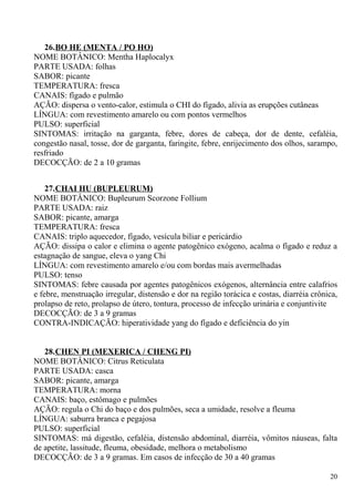 26.BO HE (MENTA / PO HO)
NOME BOTÂNICO: Mentha Haplocalyx
PARTE USADA: folhas
SABOR: picante
TEMPERATURA: fresca
CANAIS: fígado e pulmão
AÇÃO: dispersa o vento-calor, estimula o CHI do fígado, alivia as erupções cutâneas
LÍNGUA: com revestimento amarelo ou com pontos vermelhos
PULSO: superficial
SINTOMAS: irritação na garganta, febre, dores de cabeça, dor de dente, cefaléia,
congestão nasal, tosse, dor de garganta, faringite, febre, enrijecimento dos olhos, sarampo,
resfriado
DECOCÇÃO: de 2 a 10 gramas
27.CHAI HU (BUPLEURUM)
NOME BOTÂNICO: Bupleurum Scorzone Follium
PARTE USADA: raiz
SABOR: picante, amarga
TEMPERATURA: fresca
CANAIS: triplo aquecedor, fígado, vesícula biliar e pericárdio
AÇÃO: dissipa o calor e elimina o agente patogênico exógeno, acalma o fígado e reduz a
estagnação de sangue, eleva o yang Chi
LÍNGUA: com revestimento amarelo e/ou com bordas mais avermelhadas
PULSO: tenso
SINTOMAS: febre causada por agentes patogênicos exógenos, alternância entre calafrios
e febre, menstruação irregular, distensão e dor na região torácica e costas, diarréia crônica,
prolapso de reto, prolapso de útero, tontura, processo de infecção urinária e conjuntivite
DECOCÇÃO: de 3 a 9 gramas
CONTRA-INDICAÇÃO: hiperatividade yang do fígado e deficiência do yin
28.CHEN PI (MEXERICA / CHENG PI)
NOME BOTÂNICO: Citrus Reticulata
PARTE USADA: casca
SABOR: picante, amarga
TEMPERATURA: morna
CANAIS: baço, estômago e pulmões
AÇÃO: regula o Chi do baço e dos pulmões, seca a umidade, resolve a fleuma
LÍNGUA: saburra branca e pegajosa
PULSO: superficial
SINTOMAS: má digestão, cefaléia, distensão abdominal, diarréia, vômitos náuseas, falta
de apetite, lassitude, fleuma, obesidade, melhora o metabolismo
DECOCÇÃO: de 3 a 9 gramas. Em casos de infecção de 30 a 40 gramas
20
 