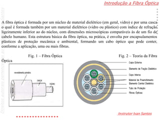 Introdução a Fibra Óptica
Instrutor Ivan Santos
DireitosautoraispertencentesaoInstrutorIvanSantos
A fibra óptica é formada por um núcleo de material dielétrico (em geral, vidro) e por uma casca
o qual é formada também por um material dielétrico (vidro ou plástico) com índice de refração
ligeiramente inferior ao do núcleo, com dimensões microscópicas comparáveis às de um fio de
cabelo humano. Esta estrutura básica da fibra óptica, na prática, é envolta por encapsulamentos
plásticos de proteção mecânica e ambiental, formando um cabo óptico que pode conter,
conforme a aplicação, uma ou mais fibras.
Fig. 1 – Fibra Óptica Fig. 2 – Teoria da Fibra
Óptica
 