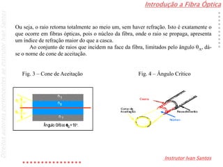 Introdução a Fibra Óptica
Instrutor Ivan Santos
DireitosautoraispertencentesaoInstrutorIvanSantos
Ou seja, o raio retorna totalmente ao meio um, sem haver refração. Isto é exatamente o
que ocorre em fibras ópticas, pois o núcleo da fibra, onde o raio se propaga, apresenta
um índice de refração maior do que a casca.
Ao conjunto de raios que incidem na face da fibra, limitados pelo ângulo qA, dá-
se o nome de cone de aceitação.
Fig. 3 – Cone de Aceitação Fig. 4 – Ângulo Crítico
 