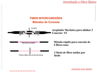 Introdução a Fibra Óptica
Instrutor Ivan Santos
DireitosautoraispertencentesaoInstrutorIvanSantos
FIBER INTERCONEXÕES
Métodos de Conexão
Acoplador Mecânico para alinhar 2
Conector ST
Método rápido para conexão de
2 fibras nuas
2 finais de fibra unidas por
fusão
 