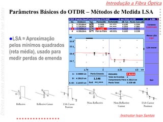 Introdução a Fibra Óptica
Instrutor Ivan Santos
DireitosautoraispertencentesaoInstrutorIvanSantos
Parâmetros Básicos do OTDR – Métodos de Medida LSA
LSA = Aproximação
pelos mínimos quadrados
(reta média), usado para
medir perdas de emenda
 