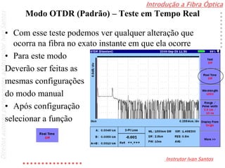 Introdução a Fibra Óptica
Instrutor Ivan Santos
DireitosautoraispertencentesaoInstrutorIvanSantos
Modo OTDR (Padrão) – Teste em Tempo Real
• Com esse teste podemos ver qualquer alteração que
ocorra na fibra no exato instante em que ela ocorre
• Para este modo
Deverão ser feitas as
mesmas configurações
do modo manual
• Após configuração
selecionar a função
 