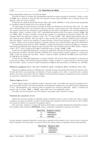 138

9.8. Descritores de edi¸˜o
ca

Estas propriedades aplicam-se ` entrada de dados.
a
Na sa´ de dados, os valores s˜o arredondados seguindo as regras normais de aritm´tica. Assim, o valor
ıda
a
e
10.9336, sob o controle do descritor F8.3 ir´ aparecer escrito como 10.934 e sob o controle de F4.0 ir´
a
a
aparecer como 11. (note o ponto).
O descritor de edi¸˜o E possui duas formas, E<w>.<d> e E<w>.<d>E<e> e ´ uma maneira mais apropriada
ca
e
de transferir n´meros abaixo de 0.01 ou acima de 1000.
u
As regras para estes descritores na entrada de dados s˜o idˆnticas `s do descritor F<w>.<d>. Na sa´
a
e
a
ıda
com o descritor E<w>.<d>, uma string de caractere contendo a parte inteira com valor absoluto menor que
um e quatro caracteres que consistem ou no E seguido por um sinal e dois d´
ıgitos ou de um sinal seguido por
trˆs d´
e ıgitos. Assim, o n´mero 1.234 × 1023 , convertido pelo descritor E10.4 vai gerar a string .1234E + 24
u
ou .1234 + 024. A forma contendo a letra E n˜o ´ usada se a magnitude do expoente exceder 99. Por
a e
exemplo, E10.4 ir´ imprimir o n´mero 1.234 × 10−150 como .1234 − 149. Alguns processadores p˜e um
a
u
o
zero antes do ponto decimal. Note que agora o valor de <w> deve ser grande o suﬁciente para acomodar,
al´m dos d´
e
ıgitos, o sinal (se for negativo), o ponto decimal, a letra E (caso poss´
ıvel), o sinal do expoente e o
expoente. Assim, caso se tentasse imprimir o n´mero anterior com o descritor F9.4, apareceria *********.
u
Na segunda forma do descritor, E<w>.<d>E<e>, o campo <e> determina o n´mero de d´
u
ıgitos no expoente.
Esta forma ´ obrigat´ria para n´meros cujos expoentes tˆm valor absoluto maior que 999. Assim, o n´mero
e
o
u
e
u
1.234 × 101234 , com o descritor E12.4E4 ´ transferido como a string .1234E + 1235.
e
O descritor de edi¸˜o EN implementa a nota¸˜o de engenharia. Ele atua de forma semelhante ao descritor
ca
ca
E, exceto que na sa´ o expoente decimal ´ m´ltiplo de 3, a parte inteira ´ maior ou igual a 1 e menor que
ıda
e u
e
1000 e o fator de escala n˜o tem efeito. Assim, o n´mero 0.0217 transferido sob EN9.2 ser´ convertido a
a
u
a
21.70E-03 ou 21.70-003.
O descritor de edi¸˜o ES implementa a nota¸˜o cient´
ca
ca
ıﬁca. Ele atua de forma semelhante ao descritor E,
exceto que na sa´ o valor absoluto da parte inteira ´ maior ou igual a 1 e menor que 10 e o fator de escala
ıda
e
n˜o tem efeito. Assim, o n´mero 0.0217 transferido sob ES9.2 ser´ convertido a 2.17E-02 ou 2.17E-002.
a
u
a
N´ meros complexos (F<w>.<d>, E<w>.<d>[E<e>], EN<w>.<d>[E<e>], ES<w>.<d>[E<e>], D<w>.<d>)
u
N´meros complexos podem ser editados sob o controle de pares dos mesmos descritores de n´meros reais.
u
u
Os dois descritores n˜o necessitam ser idˆnticos. O valor complexo (0.1,100.), convertido sob o controle
a
e
de F6.1,8.1 seria convertido a 0.1 .1E+03. Os dois descritores podem ser separados por uma constante
de caracteres e descritores de controle de edi¸˜o.
ca
Valores l´gicos (L<w>)
o
Valores l´gicos podem ser editados usando o descritor L<w>. este deﬁne um campo de tamanho <w> o
o
qual, na entrada consiste de brancos opcionais, opcionalmente seguidos por um ponto decimal, seguido por
T ou F. Opcionalmente, este caractere pode ser seguido por caracteres adicionais. Assim, o descritor L7
permite que as strings .TRUE. e .FALSE. sejam lidas com o seu signiﬁcado correto.
Na sa´
ıda, um dos caracteres T ou F ir´ aparecer na posi¸˜o mais ` direita do campo.
a
ca
a
Vari´veis de caracteres A[<w>]
a
Valores de caracteres podem ser editados usando o descritor A com ou sem o campo <w>. Sem o campo,
a largura do campo de entrada ou sa´ ´ determinado pelo tamanho real do ´
ıda e
ıtem na lista de E/S, medido
em termos do n´mero de caracteres de qualquer esp´cie.
u
e
Por outro lado, usando-se o campo <w> pode-se determinar o tamanho desejado da string lida ou escrita.
Por exemplo, dada a palavra TEMPORARIO, temos os seguintes resultados no processo de escrita:
Descritor
A
A11
A8

Registro escrito
TEMPORARIO
TEMPORARIO
TEMPORAR

Ou seja, quando o campo do descritor ´ menor que o tamanho real do registro, este ´ escrito com os caracteres
e
e
mais ` esquerda. Por outro lado, em caso de leitura da mesma string, as seguintes formas ser˜o geradas:
a
a
Descritor
A
A11
A8
Autor: Rudi Gaelzer – IFM/UFPel

Registro lido
TEMPORARIO
TEMPORARIO
TEMPORAR
Impresso: 13 de abril de 2010

 