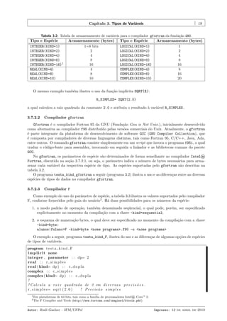 Cap´
ıtulo 3. Tipos de Vari´veis
a

19

Tabela 3.2: Tabela de armazenamento de vari´veis para o compilador gfortran da funda¸ao GNU.
a
c˜

Tipo e Esp´cie
e
INTEGER(KIND=1)
INTEGER(KIND=2)
INTEGER(KIND=4)
INTEGER(KIND=8)
INTEGER(KIND=16)1
REAL(KIND=4)
REAL(KIND=8)
REAL(KIND=10)

Armazenamento (bytes)
1=8 bits
2
4
8
16
4
8
10

Tipo e Esp´cie
e
LOGICAL(KIND=1)
LOGICAL(KIND=2)
LOGICAL(KIND=4)
LOGICAL(KIND=8)
LOGICAL(KIND=16)
COMPLEX(KIND=4)
COMPLEX(KIND=8)
COMPLEX(KIND=10)

Armazenamento (bytes)
1
2
4
8
16
8
16
20

O mesmo exemplo tamb´m ilustra o uso da fun¸˜o impl´
e
ca
ıcita SQRT(X):
R_SIMPLES= SQRT(2.0)
a qual calculou a raiz quadrada da constante 2.0 e atribuiu o resultado ` vari´vel R_SIMPLES.
a
a
3.7.2.2

Compilador gfortran

Gfortran ´ o compilador Fortran 95 da GNU (Funda¸˜o Gnu is Not Unix.), inicialmente desenvolvido
e
ca
como alternativa ao compilador f95 distribu´ pelas vers˜es comerciais do Unix. Atualmente, o gfortran
ıdo
o
´ parte integrante da plataforma de desenvolvimento de software GCC (GNU Compiler Collection), que
e
´ composta por compiladores de diversas linguagens distintas, tais como Fortran 95, C/C++, Java, Ada,
e
entre outros. O comando gfortran consiste simplesmente em um script que invoca o programa f951, o qual
traduz o c´digo-fonte para assembler, invocando em seguida o linkador e as bibliotecas comuns do pacote
o
GCC.
No gfortran, os parˆmetros de esp´cie s˜o determinados de forma semelhante ao compilador Intel®
a
e
a
Fortran, discutido na se¸˜o 3.7.2.1, ou seja, o parˆmetro indica o n´mero de bytes necess´rios para armaca
a
u
a
zenar cada vari´vel da respectiva esp´cie de tipo. As esp´cies suportadas pelo gfortran s˜o descritas na
a
e
e
a
tabela 3.2.
O programa testa_kind_gfortran a seguir (programa 3.2) ilustra o uso e as diferen¸as entre as diversas
c
esp´cies de tipos de dados no compilador gfortran.
e
3.7.2.3

Compilador F

Como exemplo do uso do parˆmetro de esp´cie, a tabela 3.3 ilustra os valores suportados pelo compilador
a
e
F, conforme fornecidos pelo guia do usu´rio2 . H´ duas possibilidades para os n´meros da esp´cie:
a
a
u
e
1. o modo padr˜o de opera¸˜o, tamb´m denominado seq¨encial, o qual pode, por´m, ser especiﬁcado
a
ca
e
u
e
explicitamente no momento da compila¸˜o com a chave -kind=sequential;
ca
2. o esquema de numera¸˜o bytes, o qual deve ser especiﬁcado no momento da compila¸˜o com a chave
ca
ca
-kind=byte:
alunos|fulano>F -kind=byte <nome programa>.f90 -o <nome programa>
O exemplo a seguir, programa testa_kind_F, ilustra do uso e as diferen¸as de algumas op¸˜es de esp´cies
c
co
e
de tipos de vari´veis.
a
program t e s t a k i n d F
i m p l i c i t none
integer , parameter : : dp= 2
real : : r s i m p l e s
r e a l ( kind= dp ) : : r d u p l a
complex : : c s i m p l e s
complex ( kind= dp ) : : c d u p l a
!
! C a l c u l a a r a i z quadrada de 2 em d i v e r s a s p r e c i s ˜ e s .
o
r s i m p l e s= s q r t ( 2 . 0 )
! Precis˜o simples
a
1 Em
2 The

plataformas de 64 bits, tais como a fam´ de processadores Intel® Core— 2.
ılia
F Compiler and Tools (http://www.fortran.com/imagine1/ftools.pdf).

Autor: Rudi Gaelzer – IFM/UFPel

Impresso: 12 de abril de 2010

 