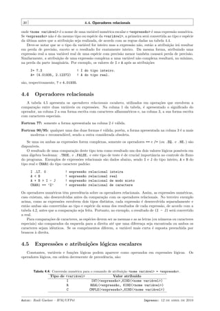 30

4.4. Operadores relacionais

onde <nome vari´vel> ´ o nome de uma vari´vel num´rica escalar e <express~o> ´ uma express˜o num´rica.
a
e
a
e
a e
a
e
Se <express~o> n˜o ´ do mesmo tipo ou esp´cie da <vari´vel>, a primeira ser´ convertida ao tipo e esp´cie
a
a e
e
a
a
e
da ultima antes que a atribui¸˜o seja realizada, de acordo com as regras dadas na tabela 4.4.
´
ca
Deve-se notar que se o tipo da vari´vel for inteiro mas a express˜o n˜o, ent˜o a atribui¸˜o ir´ resultar
a
a a
a
ca
a
em perda de precis˜o, exceto se o resultado for exatamente inteiro. Da mesma forma, atribuindo uma
a
express˜o real a uma vari´vel real de uma esp´cie com precis˜o menor tamb´m causar´ perda de precis˜o.
a
a
e
a
e
a
a
Similarmente, a atribui¸˜o de uma express˜o complexa a uma vari´vel n˜o complexa resultar´, no m´
ca
a
a
a
a
ınimo,
na perda da parte imagin´ria. Por exemplo, os valores de I e A ap´s as atribui¸˜es
a
o
co
I= 7.3
A= (4.01935, 2.12372)

! I do tipo inteiro.
! A do tipo real.

s˜o, respectivamente, 7 e 4.01935.
a

4.4

Operadores relacionais

A tabela 4.5 apresenta os operadores relacionais escalares, utilizados em opera¸˜es que envolvem a
co
compara¸˜o entre duas vari´veis ou express˜es. Na coluna 1 da tabela, ´ apresentado o signiﬁcado do
ca
a
o
e
operador, na coluna 2 a sua forma escrita com caracteres alfanum´ricos e, na coluna 3, a sua forma escrita
e
com caracteres especiais.
Fortran 77: somente a forma apresentada na coluna 2 ´ v´lida.
e a
Fortran 90/95: qualquer uma das duas formas ´ v´lida; por´m, a forma apresentada na coluna 3 ´ a mais
e a
e
e
moderna e recomend´vel, sendo a outra considerada obsoleta.
a
Se uma ou ambas as express˜es forem complexas, somente os operadores == e /= (ou .EQ. e .NE.) s˜o
o
a
dispon´
ıveis.
O resultado de uma compara¸˜o deste tipo tem como resultado um dos dois valores l´gicos poss´
ca
o
ıveis em
uma ´lgebra booleana: .TRUE. e .FALSE. e este tipo de teste ´ de crucial importˆncia no controle do ﬂuxo
a
e
a
do programa. Exemplos de express˜es relacionais s˜o dados abaixo, sendo I e J do tipo inteiro, A e B do
o
a
tipo real e CHAR1 do tipo caractere padr˜o:
a
I .LT. 0
A < B
A + B > I - J
CHAR1 == ’Z’

!
!
!
!

express~o
a
express~o
a
express~o
a
express~o
a

relacional
relacional
relacional
relacional

inteira
real
de modo misto
de caractere

Os operadores num´ricos tˆm precedˆncia sobre os operadores relacionais. Assim, as express˜es num´ricas,
e
e
e
o
e
caso existam, s˜o desenvolvidas antes da compara¸˜o com os operadores relacionais. No terceiro exemplo
a
ca
acima, como as express˜es envolvem dois tipos distintos, cada express˜o ´ desenvolvida separadamente e
o
a e
ent˜o ambas s˜o convertidas ao tipo e esp´cie da soma dos resultados de cada express˜o, de acordo com a
a
a
e
a
tabela 4.2, antes que a compara¸˜o seja feita. Portanto, no exemplo, o resultado de (I - J) ser´ convertido
ca
a
a real.
Para compara¸˜es de caracteres, as esp´cies devem ser as mesmas e as as letras (ou n´meros ou caracteres
co
e
u
especiais) s˜o comparados da esquerda para a direita at´ que uma diferen¸a seja encontrada ou ambos os
a
e
c
caracteres sejam idˆnticos. Se os comprimentos diferem, a vari´vel mais curta ´ suposta preenchida por
e
a
e
brancos ` direita.
a

4.5

Express˜es e atribui¸oes l´gicas escalares
o
c˜
o

Constantes, vari´veis e fun¸˜es l´gicas podem aparecer como operandos em express˜es l´gicas. Os
a
co
o
o
o
operadores l´gicos, em ordem decrescente de precedˆncia, s˜o:
o
e
a

Tabela 4.4: Convers˜o num´rica para o comando de atribui¸ao <nome vari´vel> = <express~o>.
a
e
c˜
a
a

Tipo de <vari´vel>
a
I
R
C
Autor: Rudi Gaelzer – IFM/UFPel

Valor atribu´
ıdo
INT(<express~o>,KIND(<nome vari´vel>)
a
a
REAL(<express~o, KIND(<nome vari´vel>)
a
a
CMPLX(<express~o>,KIND(<nome vari´vel>)
a
a
Impresso: 12 de abril de 2010

 