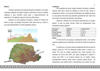 11
Relevo
O relevo apresenta encostas levemente onduladas, com solos
de textura argilosa, de origem eruptiva, profundos e ricos em matéria
orgânica o que contribui muito para o desenvolvimento da
agricultura. Sua altitude varia em torno dos 200 metros.
Imagine se você pudesse enxergar o estado do Paraná de
perfil, ou seja, na posição horizontal. Você veria mais ou menos o
que está representado no perfil topográfico abaixo:
A altitude
As condições do clima mudam também conforme a altitude:
Quanto mais alto o local em relação ao nível do mar, menor a
temperatura. Assim, os municípios localizados nas regiões de serra
ou nas partes mais altas dos planaltos geralmente são mais frios
que outros municípios de altitudes mais baixas.
Observe a altitude dos municípios paranaenses no quadro
abaixo. O que se pode concluir sobre as temperaturas mais
frequentes nesses lugares?
Clima
O clima de Foz do Iguaçu é subtropical úmido, com verões
quentes, geadas pouco frequentes e chuvas em todos os meses do
ano.
A cidade tem uma das maiores amplitudes térmica anuais do
estado, cerca de 11ºC de diferença média entre o inverno e o
verão. Por isso os verões costumam ser muito quentes, com
máximas em torno dos 35ºC, por vezes chegando a superar a
marca dos 42ºC, e os invernos apesar de, na média, serem
considerados amenos, ainda assim propícia queda brusca de
temperatura que podem fazer a temperatura cair abaixo de zero
Município Altitude Temperatura
Curitiba 945m 17° C
Ponta Grossa 975m 17,6° C
Cascavel 754m 19° C
Foz do Iguaçu 200 m 22° C
 