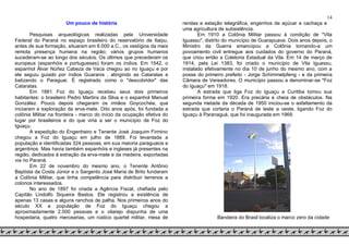 14
Um pouco de história
Pesquisas arqueológicas realizadas pela Universidade
Federal do Paraná no espaço brasileiro do reservatório de Itaipu,
antes de sua formação, situaram em 6.000 a.C., os vestígios da mais
remota presença humana na região; vários grupos humanos
sucederam-se ao longo dos séculos. Os últimos que precederam os
europeus (espanhóis e portugueses) foram os índios. Em 1542, o
espanhol Álvar Núñez Cabeza de Vaca chegou ao rio Iguaçu e por
ele seguiu guiado por índios Guaranis , atingindo as Cataratas e
batizando o Paraguai. É registrado como o "descobridor" das
Cataratas.
Em 1881 Foz do Iguaçu recebeu seus dois primeiros
habitantes: o brasileiro Pedro Martins da Silva e o espanhol Manuel
González. Pouco depois chegaram os irmãos Goycochéa, que
iniciaram a exploração da erva-mate. Oito anos após, foi fundada a
colônia Militar na fronteira - marco do início da ocupação efetiva do
lugar por brasileiros e do que viria a ser o município de Foz do
Iguaçu.
A expedição do Engenheiro e Tenente José Joaquim Firmino
chegou a Foz do Iguaçu em julho de 1889. Foi levantada a
população e identificadas 324 pessoas, em sua maioria paraguaios e
argentinos. Mas havia também espanhóis e ingleses já presentes na
região, dedicados à extração da erva-mate e da madeira, exportadas
via rio Paraná.
Em 22 de novembro do mesmo ano, o Tenente Antônio
Baptista da Costa Júnior e o Sargento José Maria de Brito fundaram
a Colônia Militar, que tinha competência para distribuir terrenos a
colonos interessados.
No ano de 1897 foi criada a Agência Fiscal, chefiada pelo
Capitão Lindolfo Siqueira Bastos. Ele registrou a existência de
apenas 13 casas e alguns ranchos de palha. Nos primeiros anos do
século XX a população de Foz do Iguaçu chegou a
aproximadamente 2.000 pessoas e o vilarejo dispunha de uma
hospedaria, quatro mercearias, um rústico quartel militar, mesa de
rendas e estação telegráfica, engenhos de açúcar e cachaça e
uma agricultura de subsistência.
Em 1910 a Colônia Militar passou à condição de "Vila
Iguassu", distrito do município de Guarapuava. Dois anos depois, o
Ministro da Guerra emancipou a Colônia tornando-a um
povoamento civil entregue aos cuidados do governo do Paraná,
que criou então a Coletoria Estadual da Vila. Em 14 de março de
1914, pela Lei 1383, foi criado o município de Vila Iguassu,
instalado efetivamente no dia 10 de junho do mesmo ano, com a
posse do primeiro prefeito - Jorge Schimmelpfeng - e da primeira
Câmara de Vereadores. O município passou a denominar-se "Foz
do Iguaçu" em 1918.
A estrada que liga Foz do Iguaçu a Curitiba tomou sua
primeira forma em 1920. Era precária e cheia de obstáculos. Na
segunda metade da década de 1950 iniciou-se o asfaltamento da
estrada que cortaria o Paraná de leste a oeste, ligando Foz do
Iguaçu à Paranaguá, que foi inaugurada em 1969.
Bandeira do Brasil localiza o marco zero da cidade
 